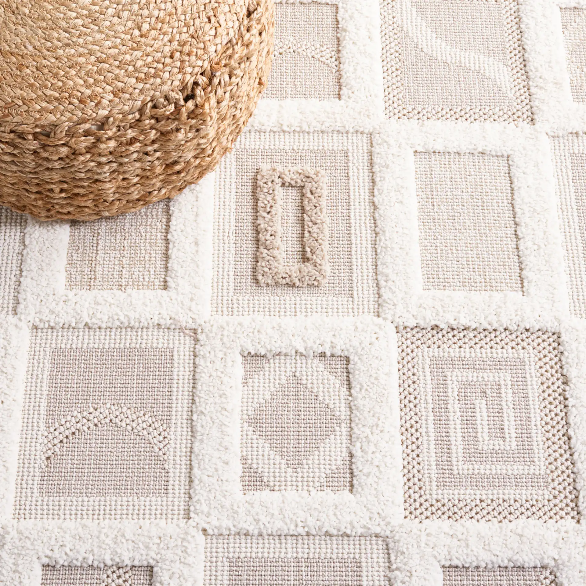 Trends Patchwork Grid Shag Rug in Beige / Ivory in a styled room