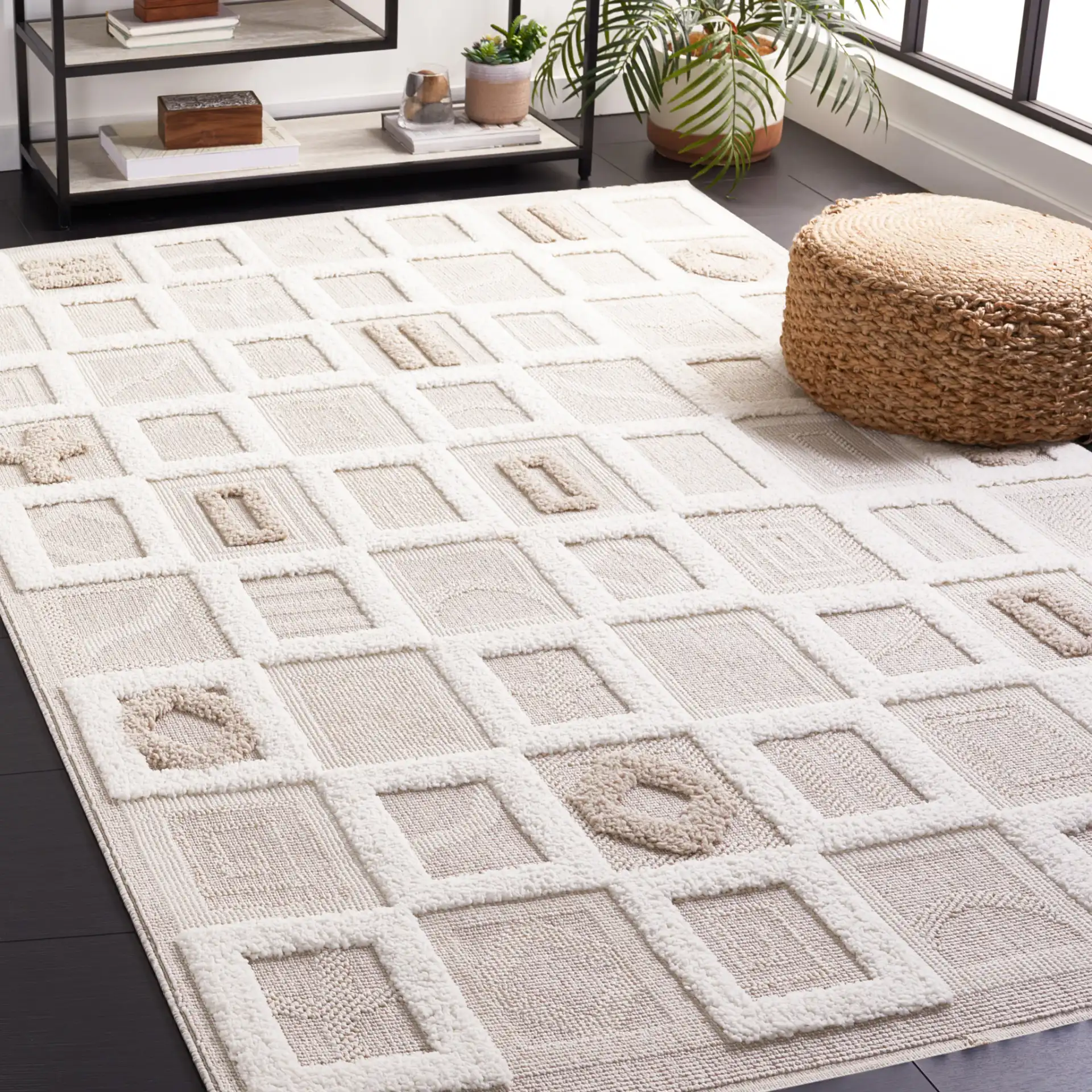 Trends Patchwork Grid Shag Rug in Beige / Ivory in a styled room