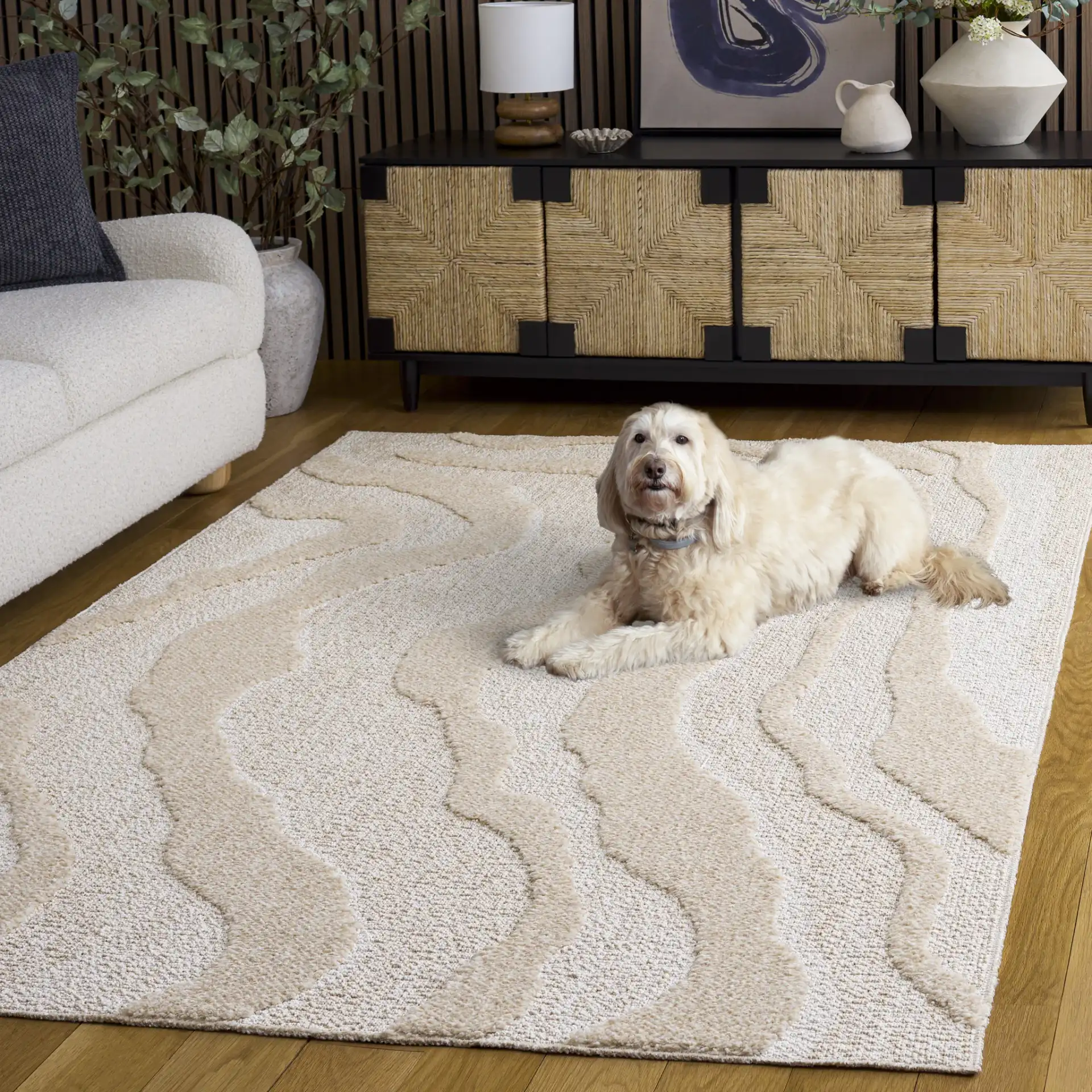 Trends Modern Wave Rug in Beige / Ivory in a styled room