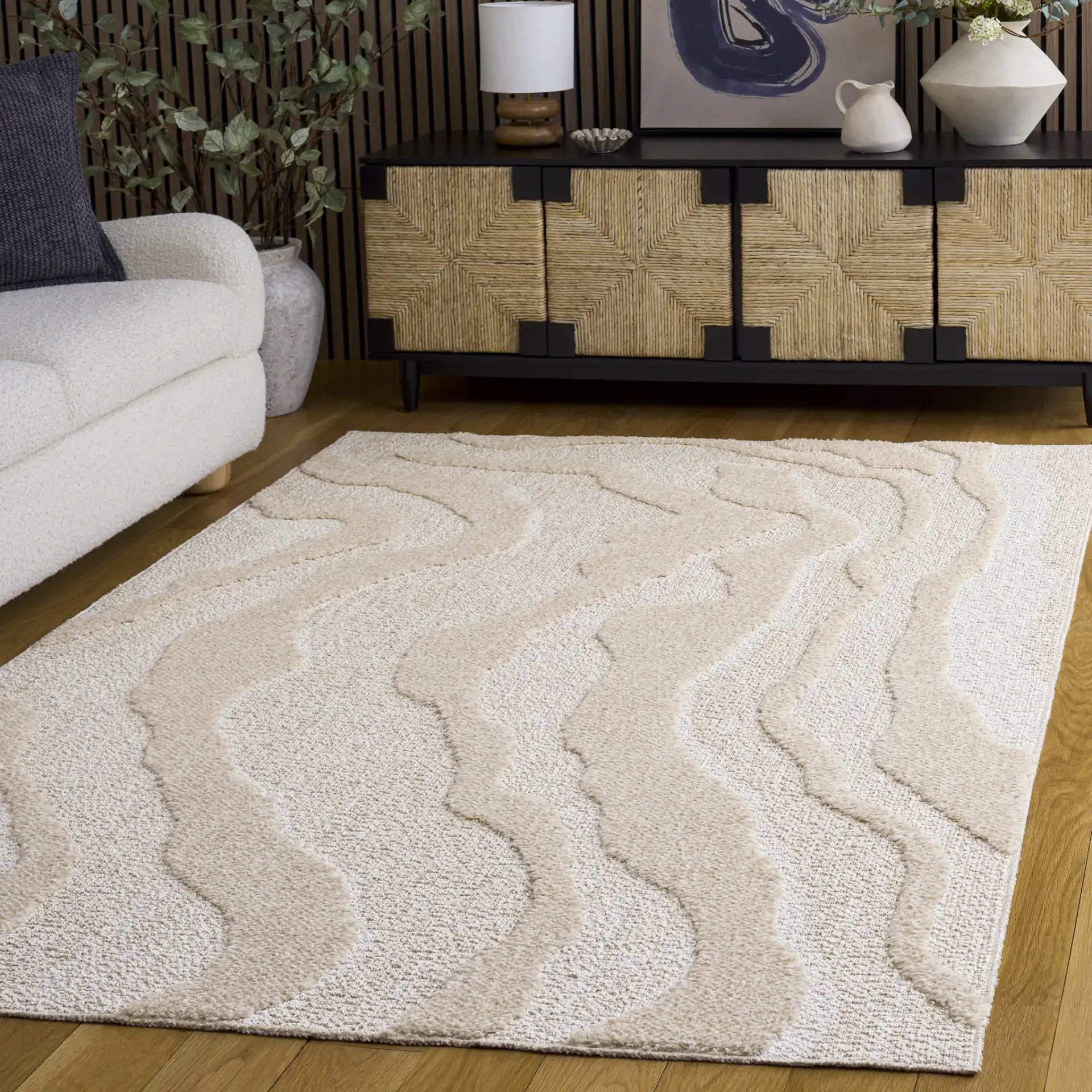 Trends Modern Wave Rug in Beige / Ivory in a styled room