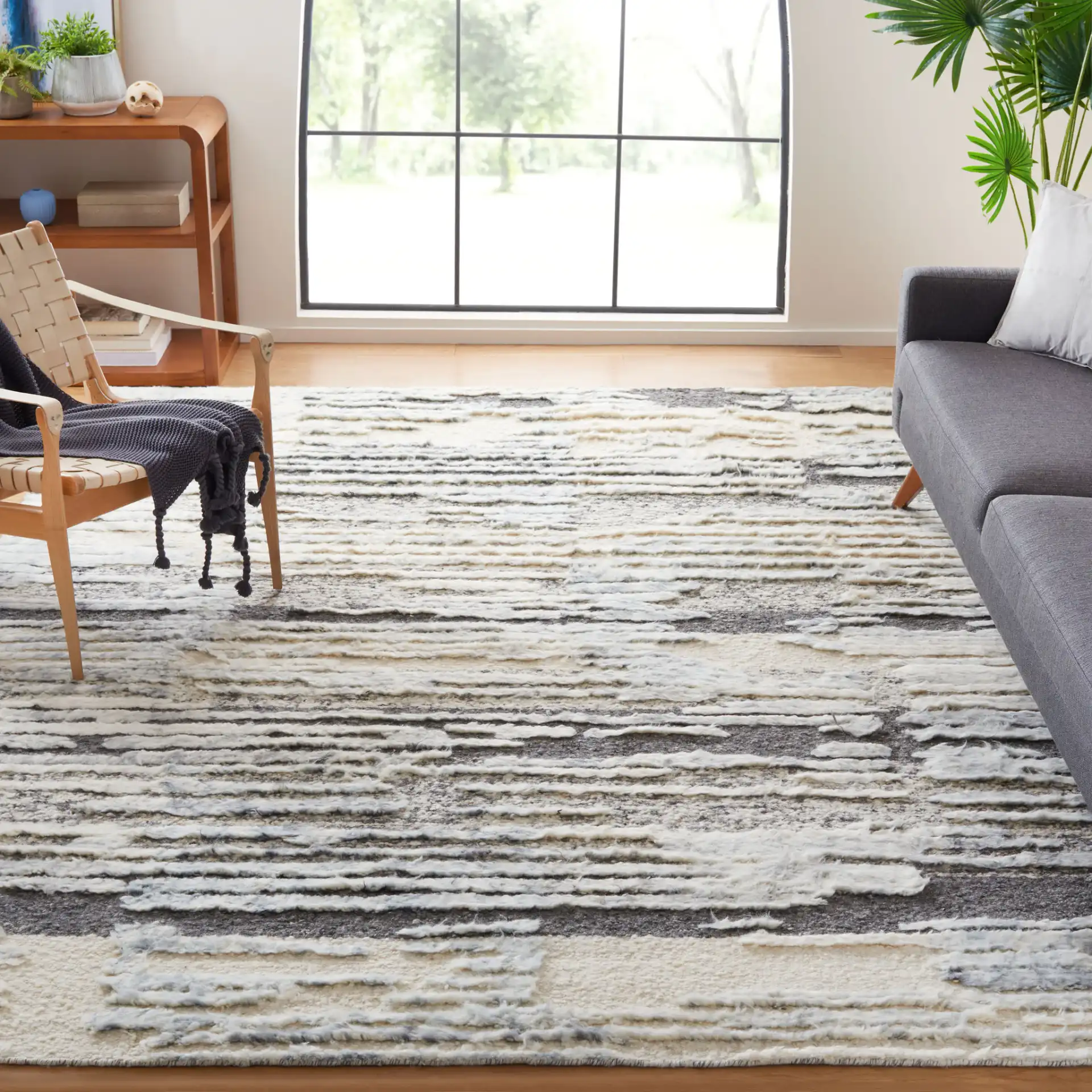 Tribeca Striated Abstract Hand-Knotted Wool Rug in Blue / Gray in a styled room