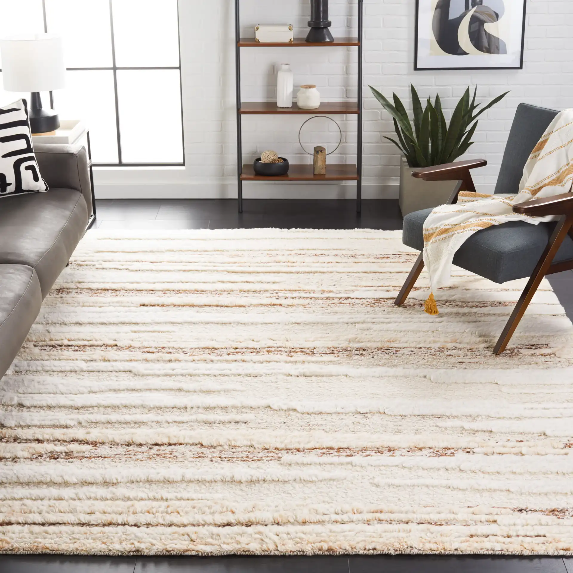 Tribeca Textured Stripe Hand-Knotted Wool Rug in Beige / Brown in a styled room