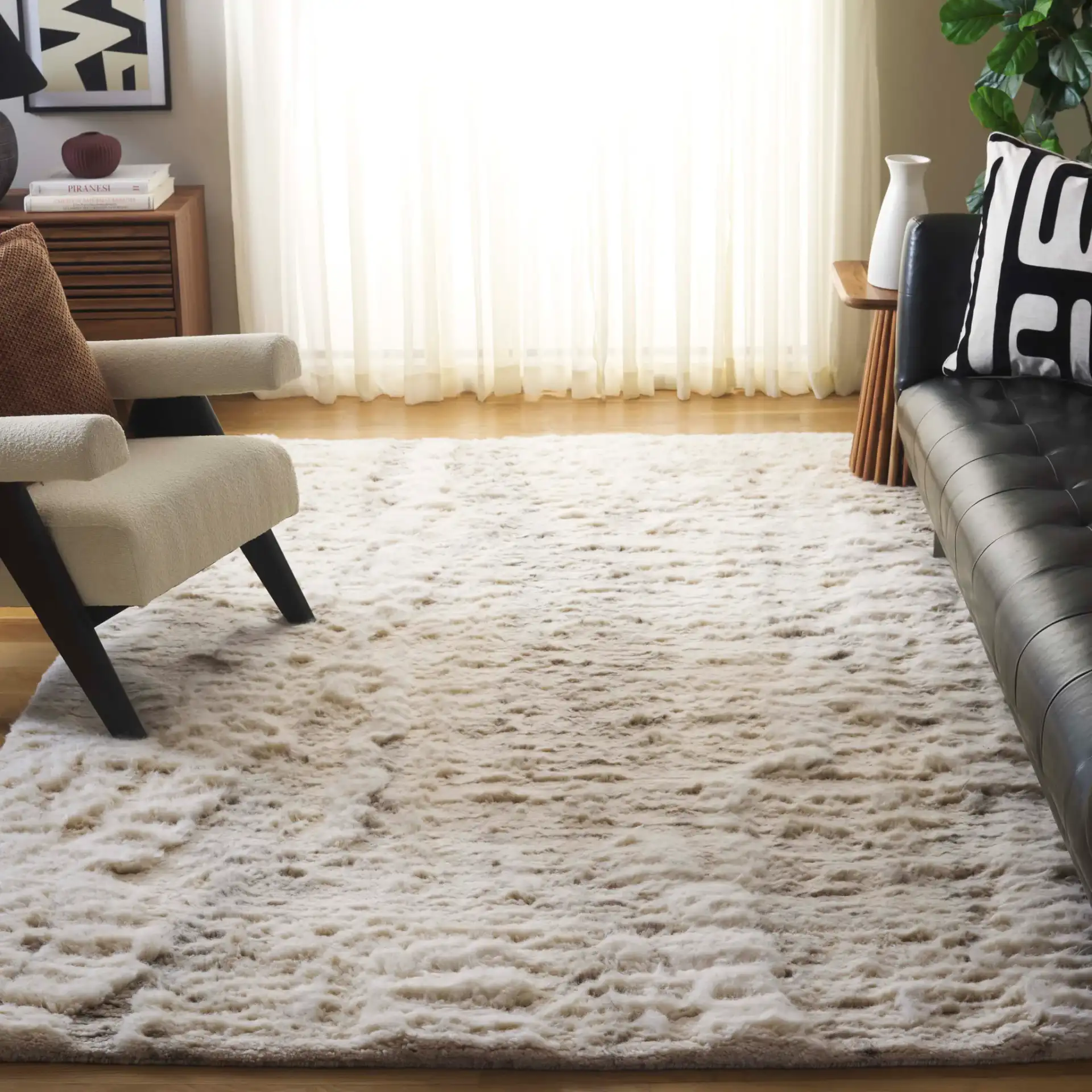 Tribeca Striated Hand-Knotted Shag Wool Rug in Gray / Beige in a styled room