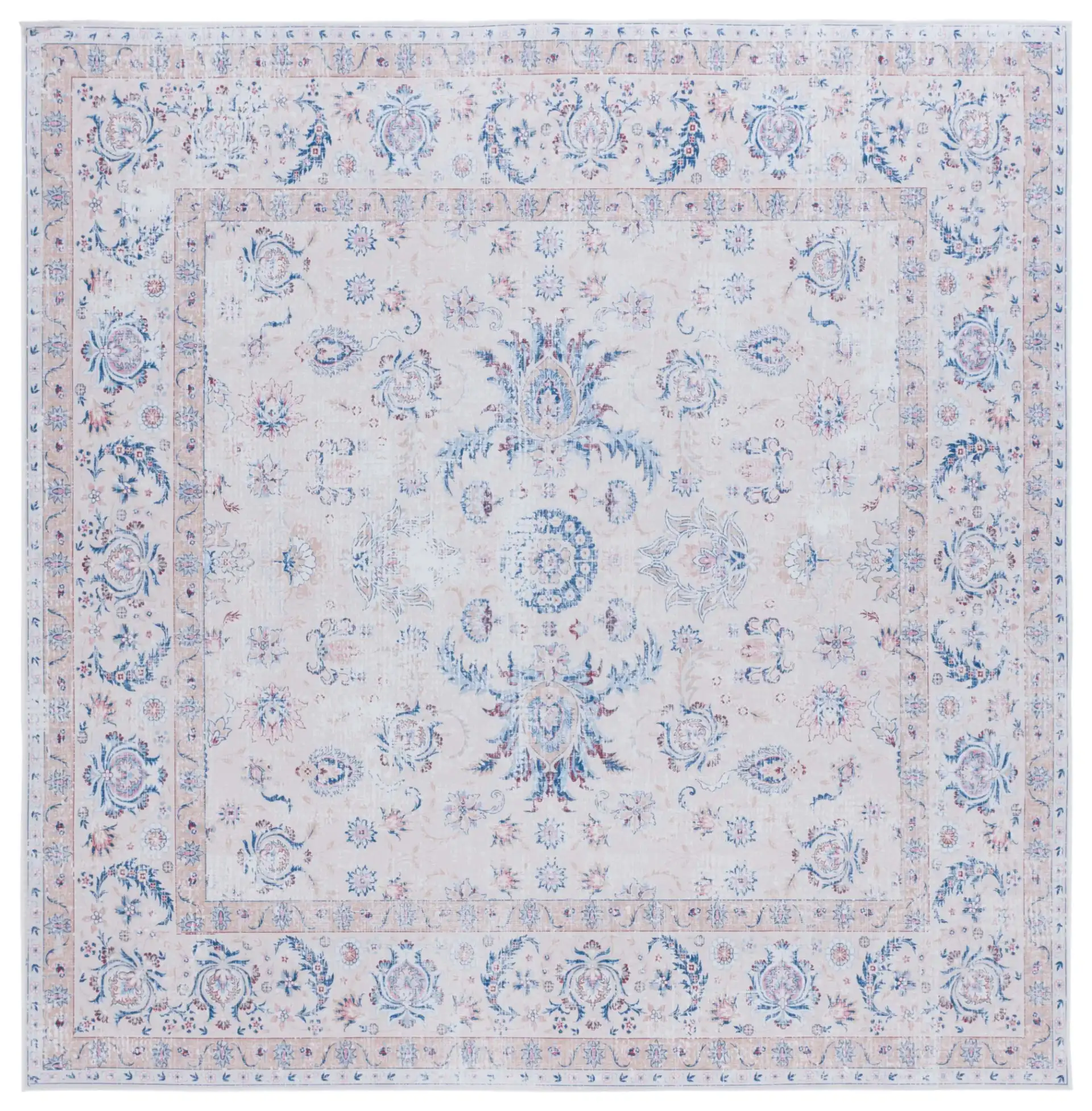 Tucson Distressed Floral Border Washable Rug in Ivory / Blue