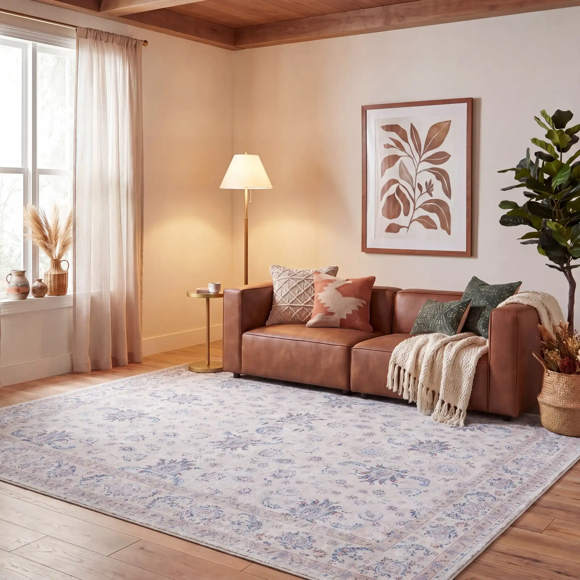 Tucson Distressed Floral Border Washable Rug in Ivory / Blue in a styled room