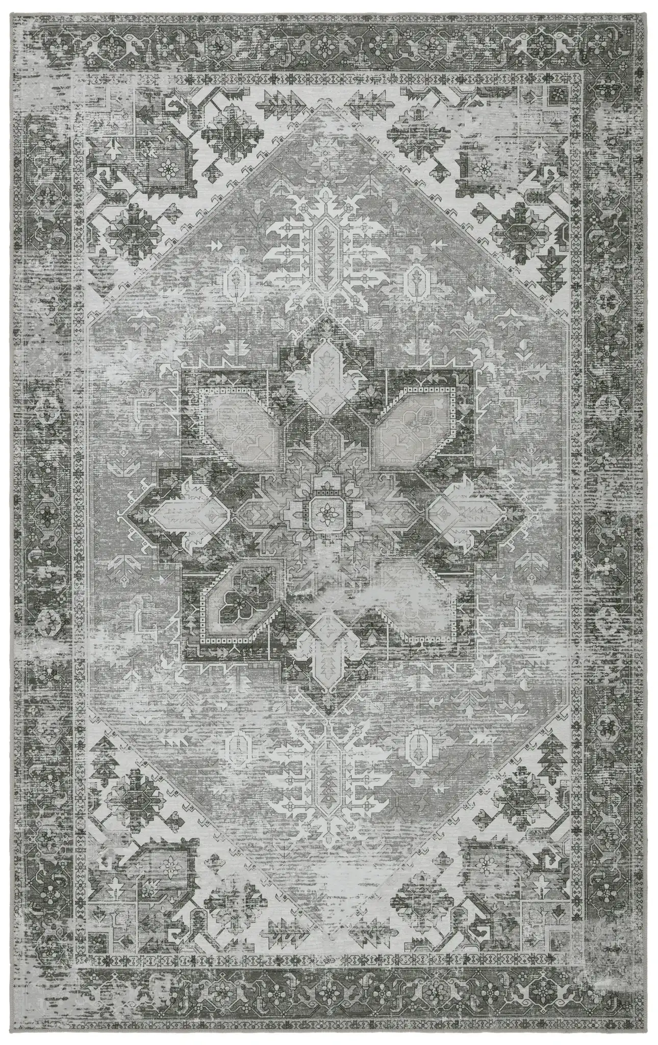 Tucson Distressed Medallion Washable Rug in Dark Sage / Ivory