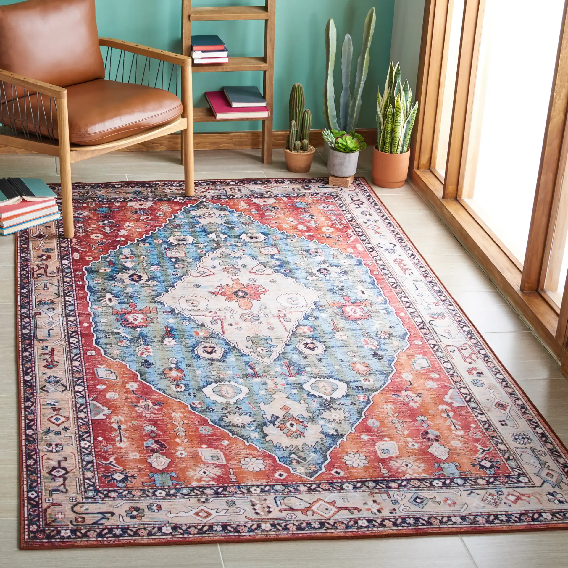 Tucson Tribal Diamond Washable Rug in Beige / Blue in a styled room