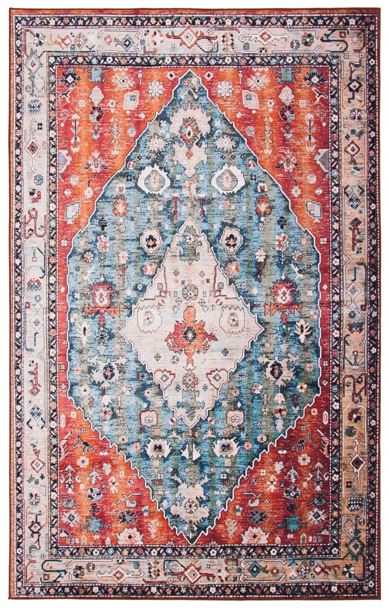 Tucson Tribal Diamond Washable Rug in Beige / Blue