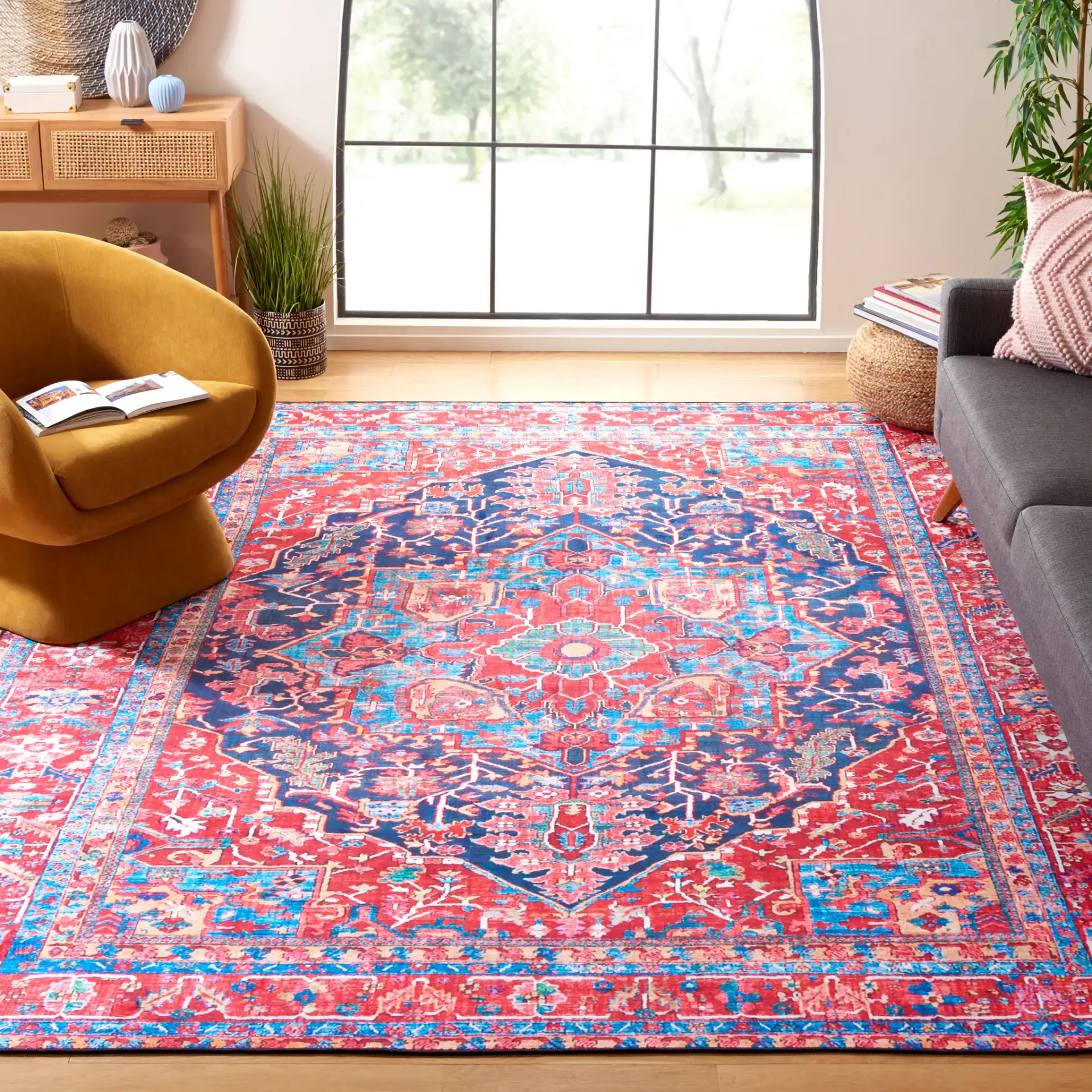 Tucson Traditional Diamond Medallion Washable Rug in Navy / Red in a styled room
