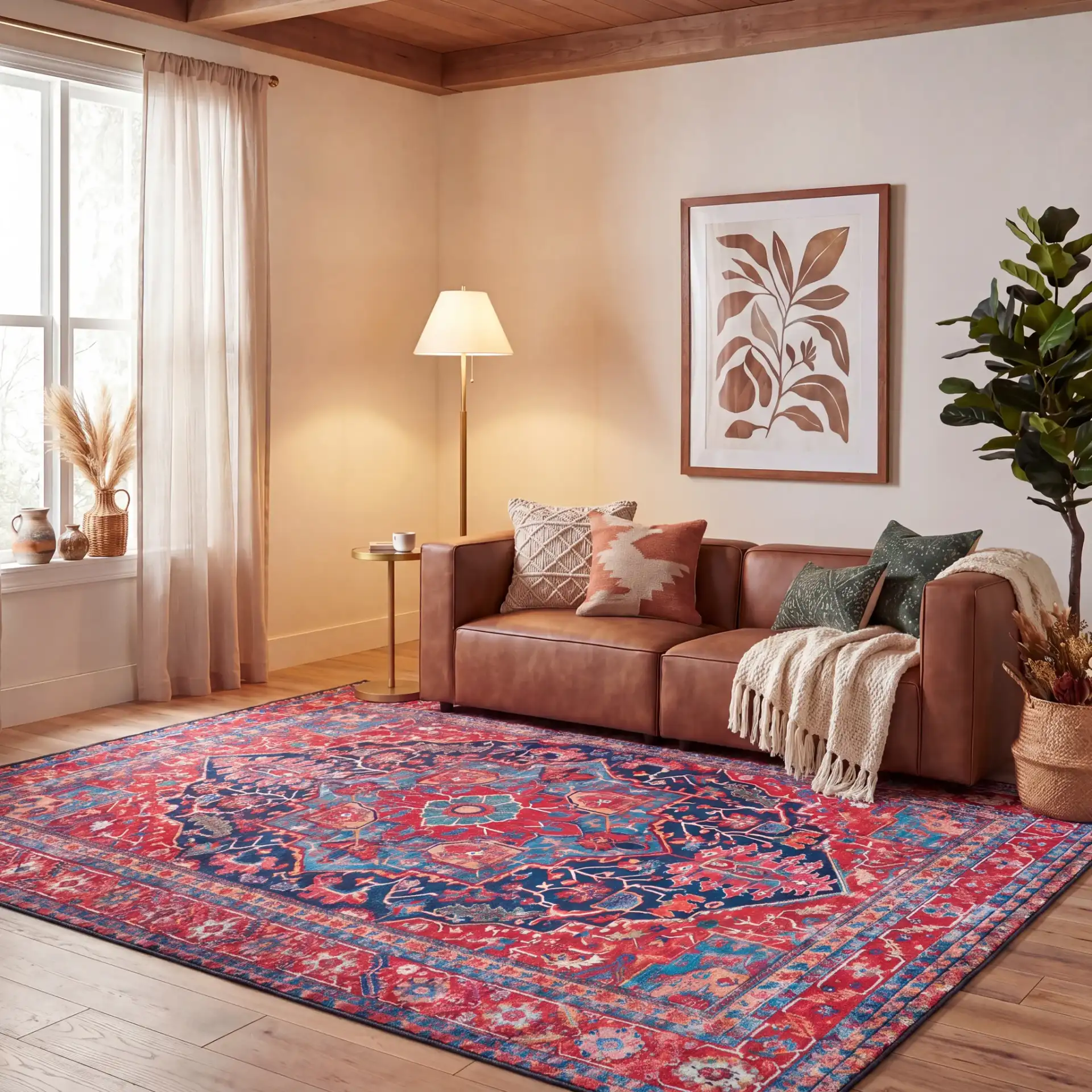 Tucson Traditional Diamond Medallion Washable Rug in Navy / Red in a styled room