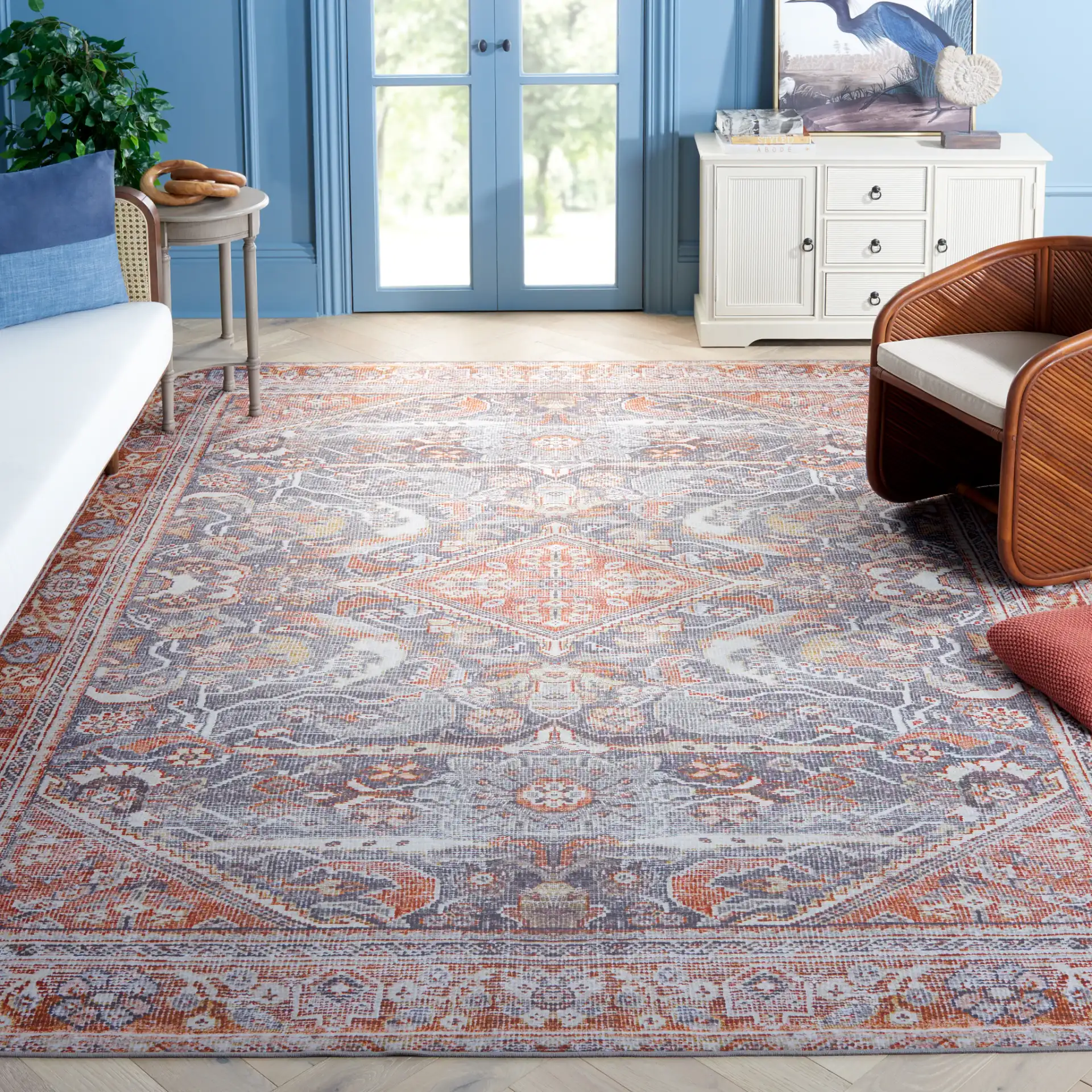 Tucson Tribal Hexagon Diamond Washable Rug in Gray / Rust in a styled room