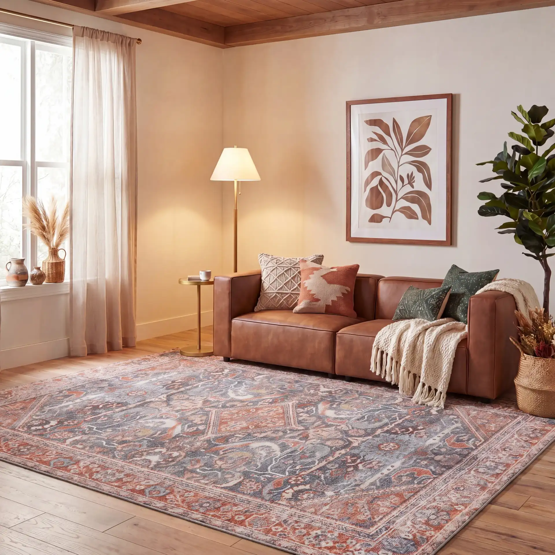 Tucson Tribal Hexagon Diamond Washable Rug in Gray / Rust in a styled room