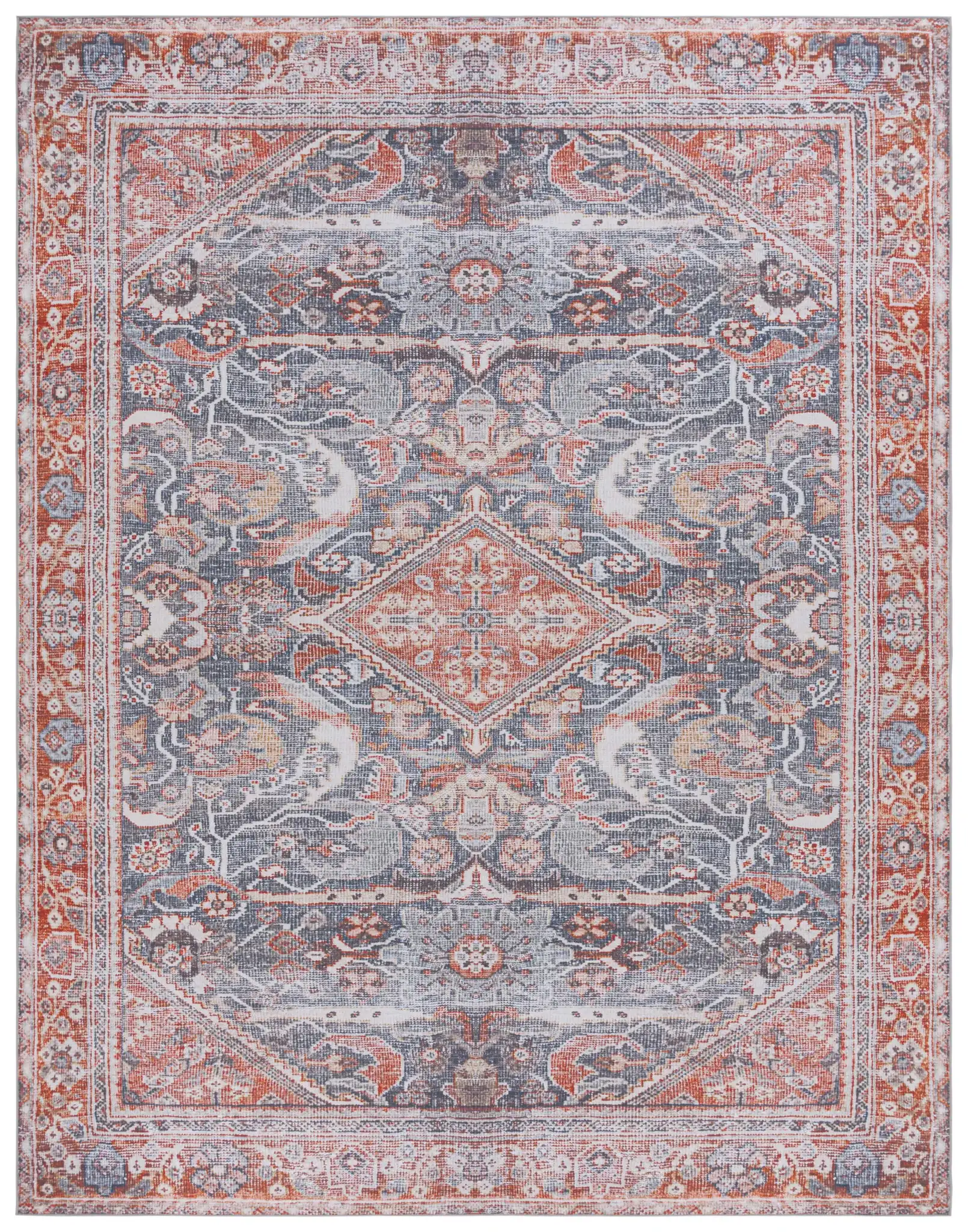Tucson Tribal Hexagon Diamond Washable Rug in Gray / Rust