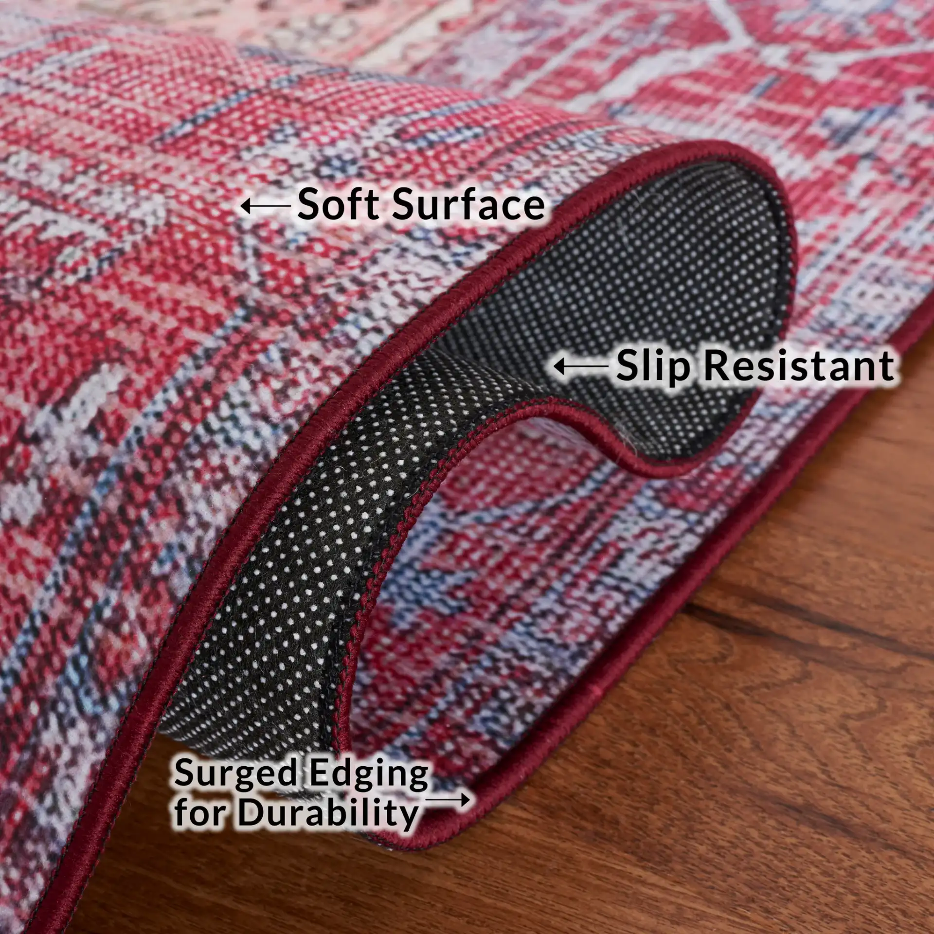 Tucson Distressed Elongated Octagon Medallion Washable Rug in Beige / Red in a styled room