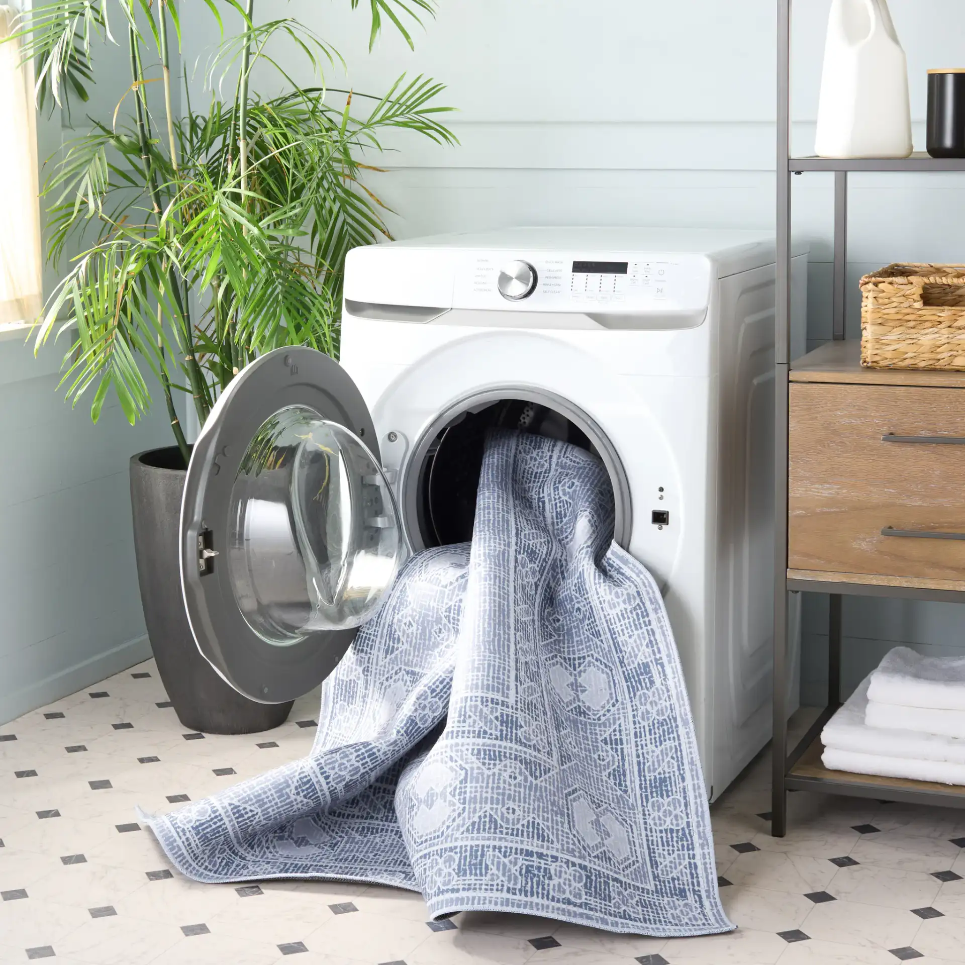 Tucson Triple Diamond Washable Rug in Gray / Ivory in a styled room