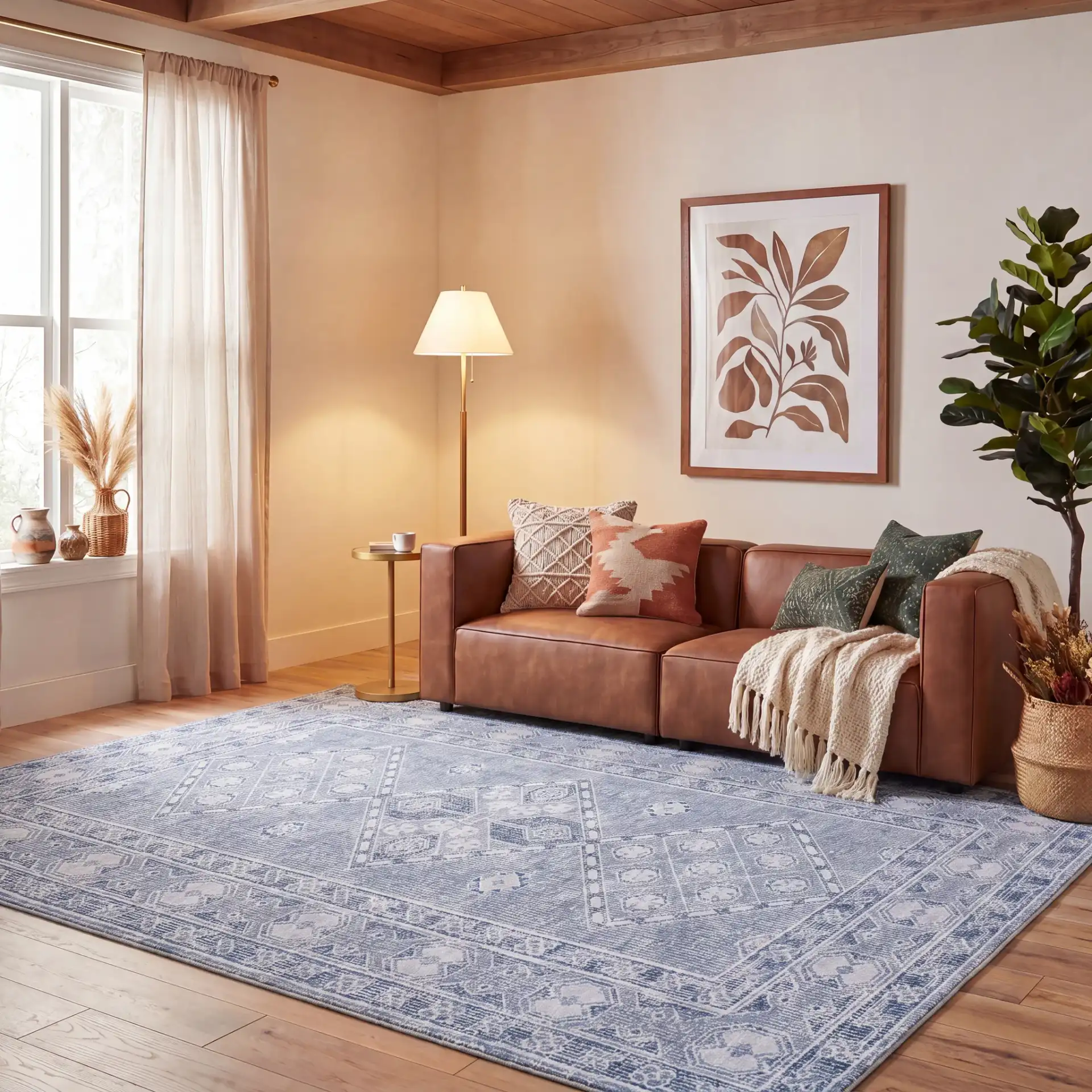 Tucson Triple Diamond Washable Rug in Gray / Ivory in a styled room