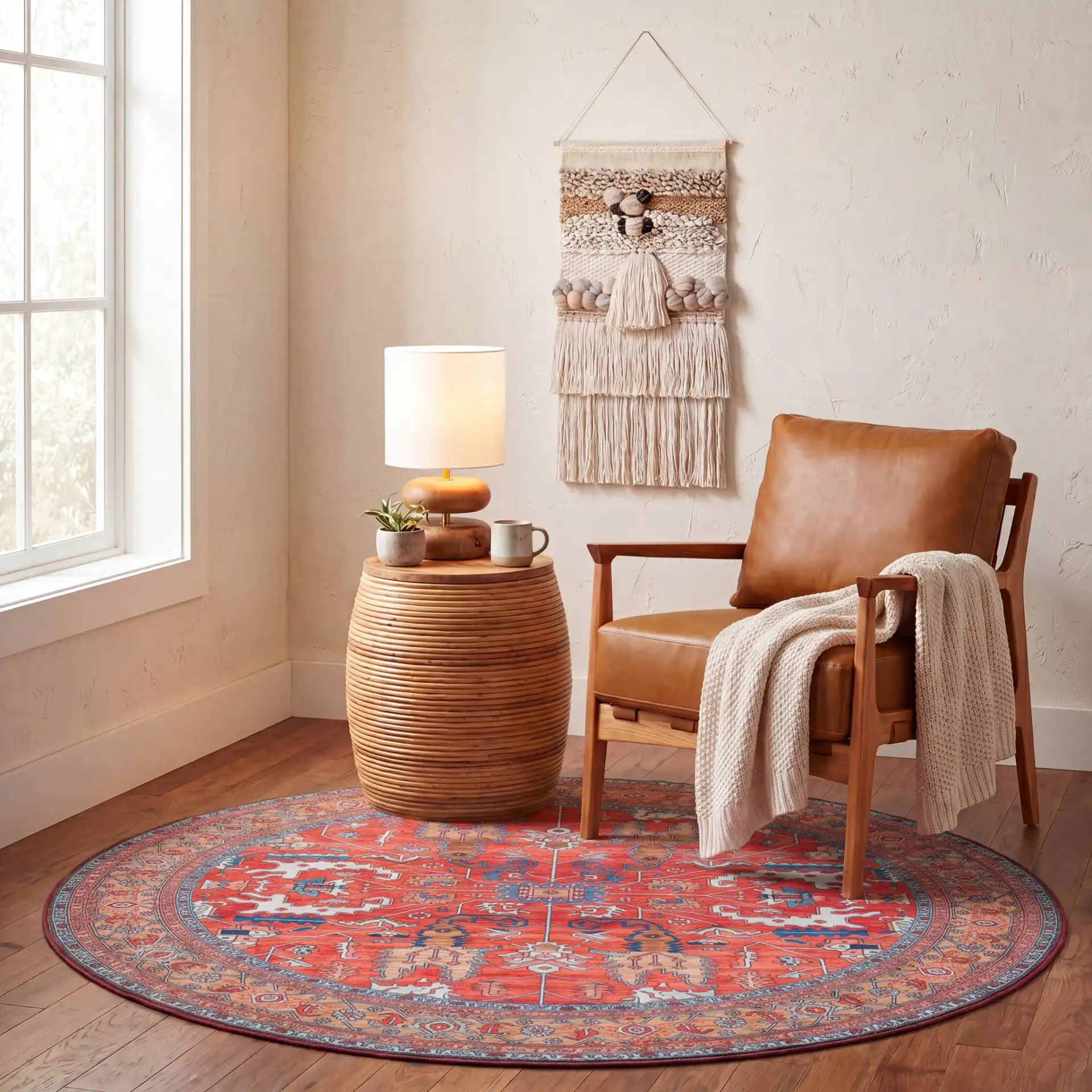 Tucson Traditional Allover Washable Rug in Rust / Navy in a styled room