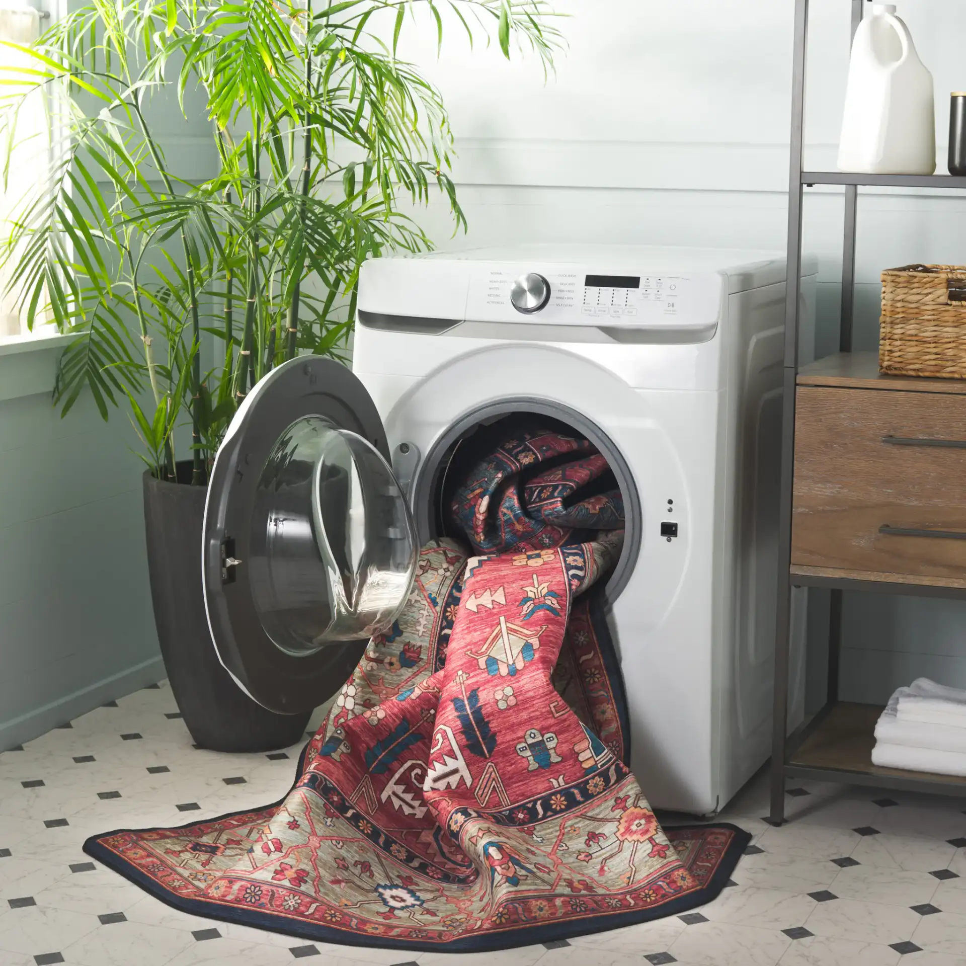 Tucson Diamond Medallion Washable Rug in Rust / Blue in a styled room