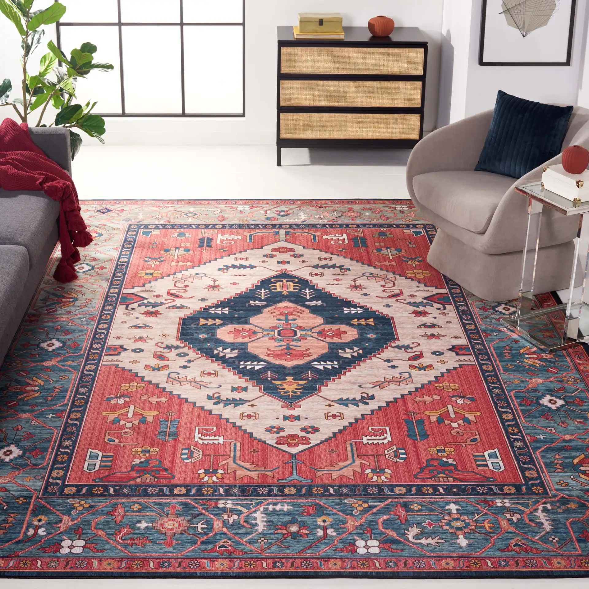 Tucson Diamond Medallion Washable Rug in Rust / Blue in a styled room