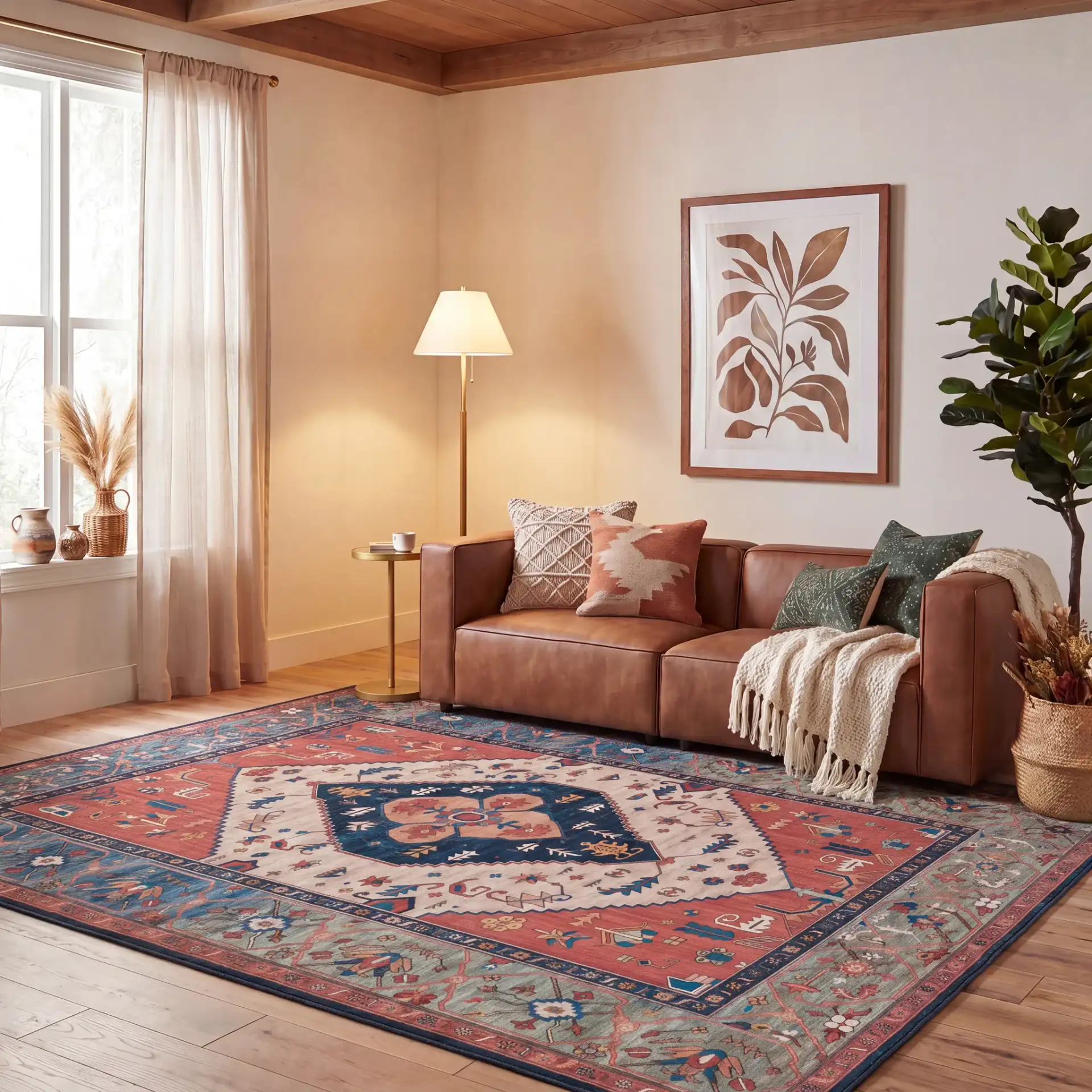 Tucson Diamond Medallion Washable Rug in Rust / Blue in a styled room