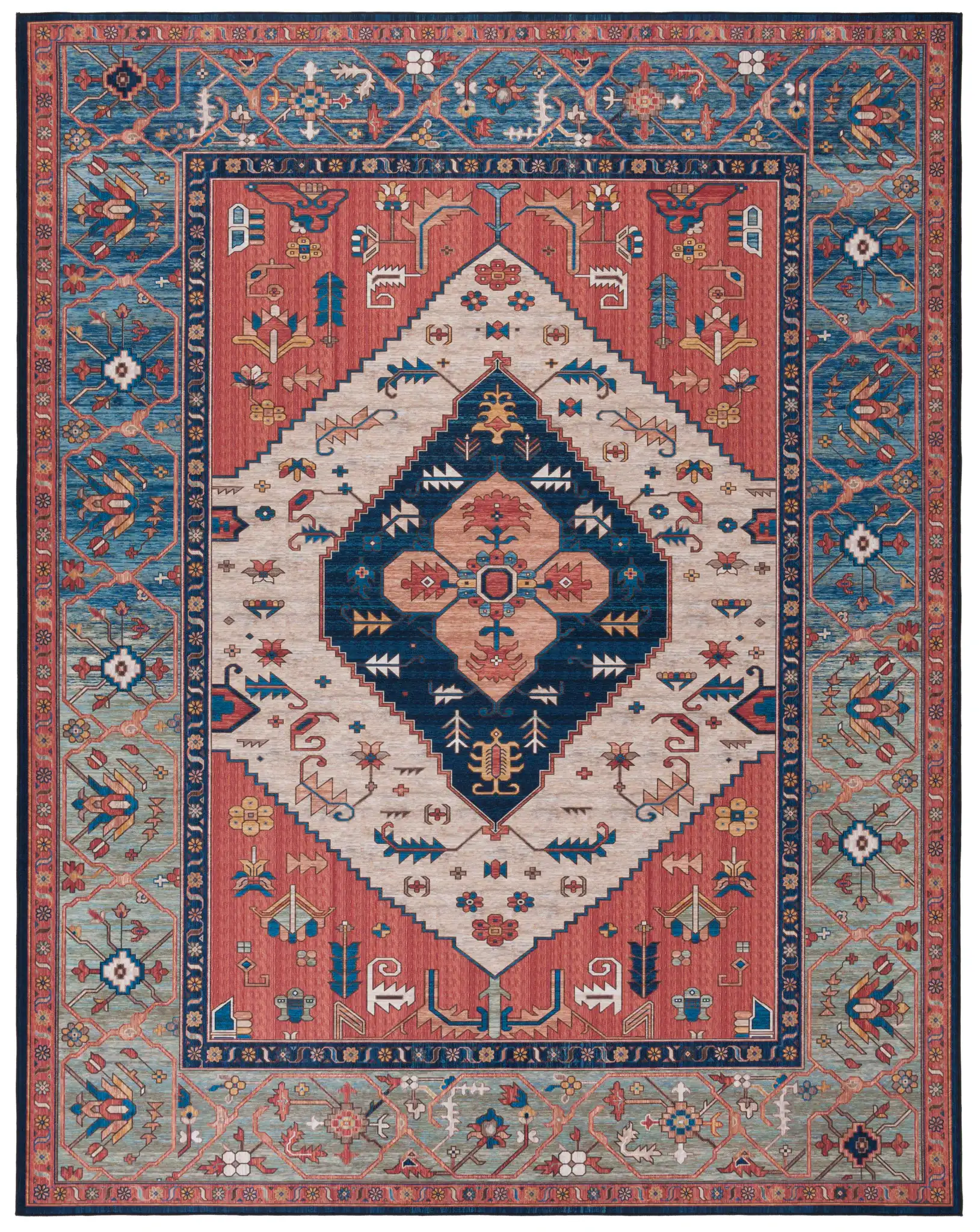 Tucson Diamond Medallion Washable Rug in Rust / Blue