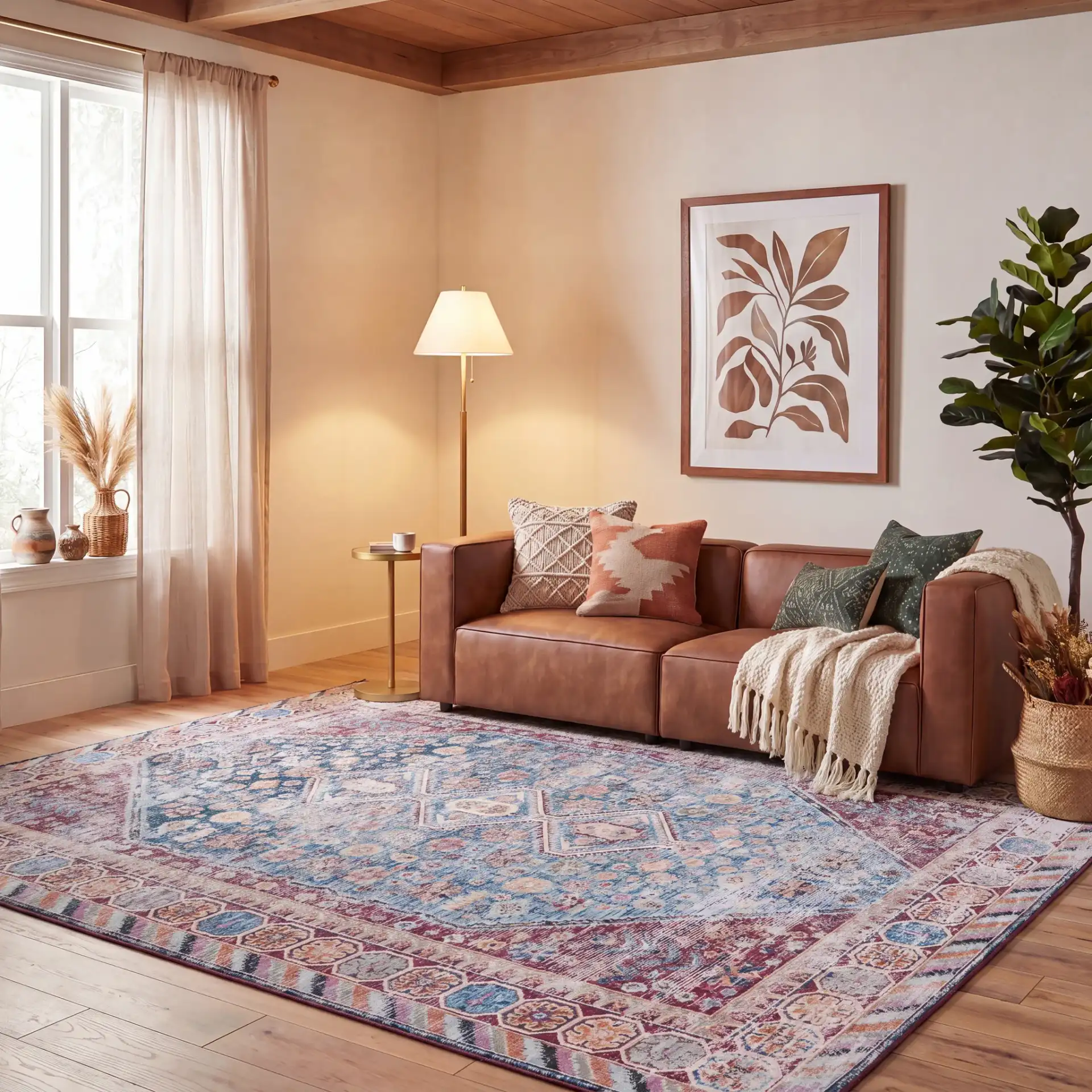 Tucson Triple Medallion Washable Rug in Blue / Red in a styled room