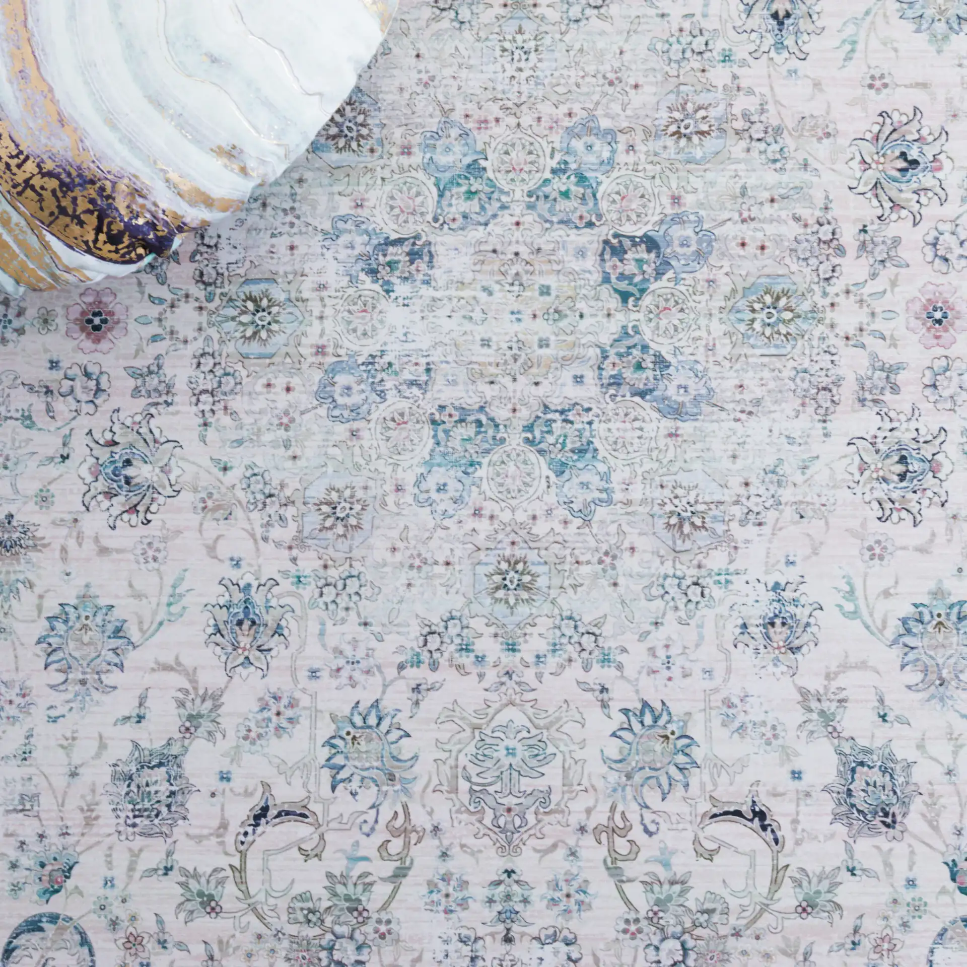 Tucson Distressed Floral Medallion Washable Rug in Beige / Green in a styled room