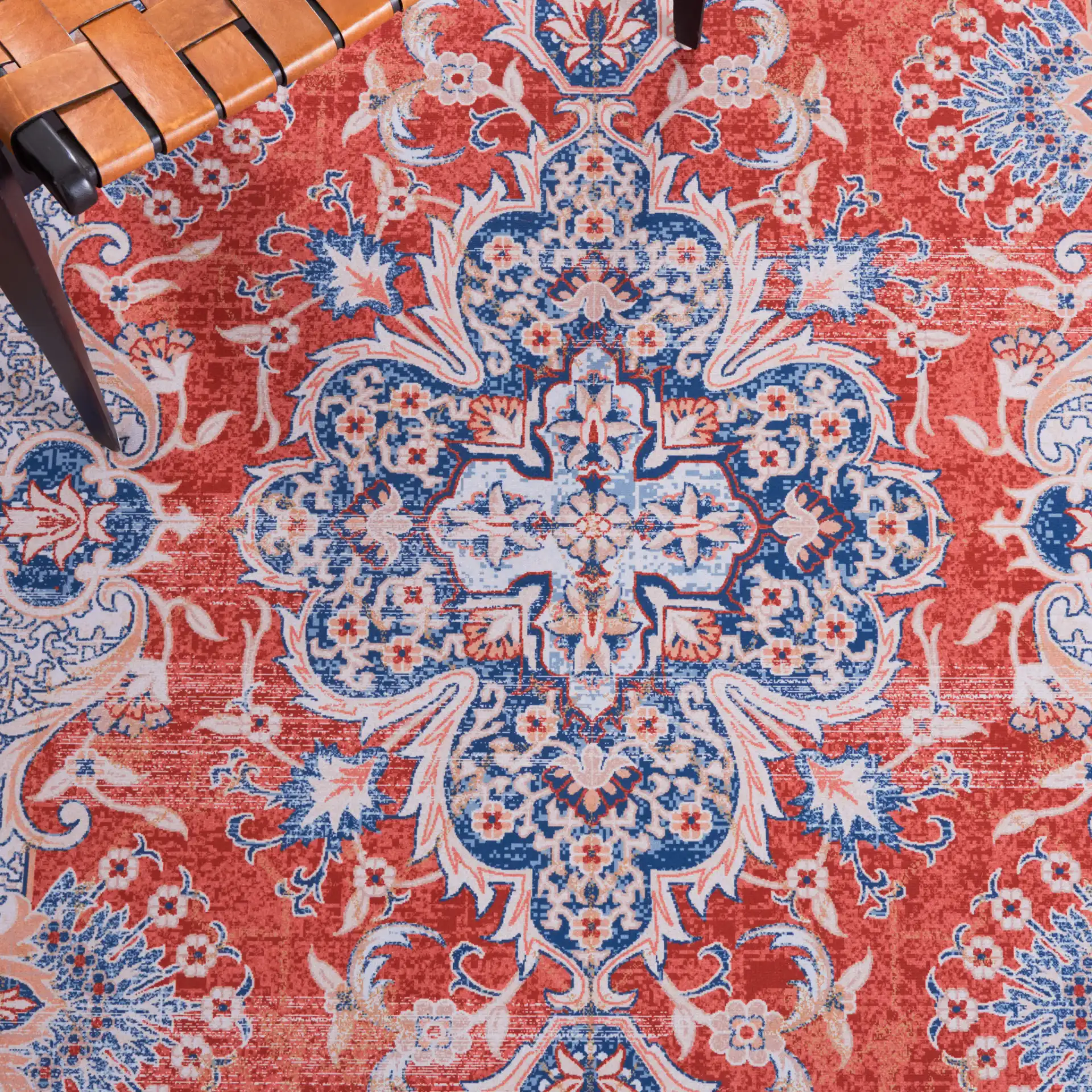 Tucson Arabesque Medallion Washable Rug in Rust / Blue in a styled room