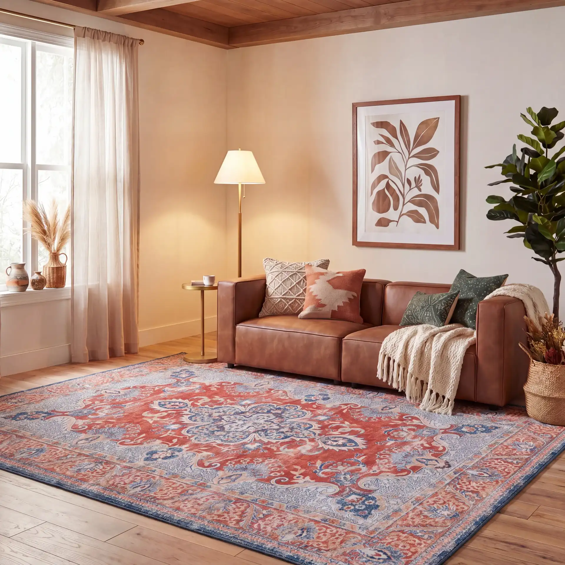 Tucson Arabesque Medallion Washable Rug in Rust / Blue in a styled room