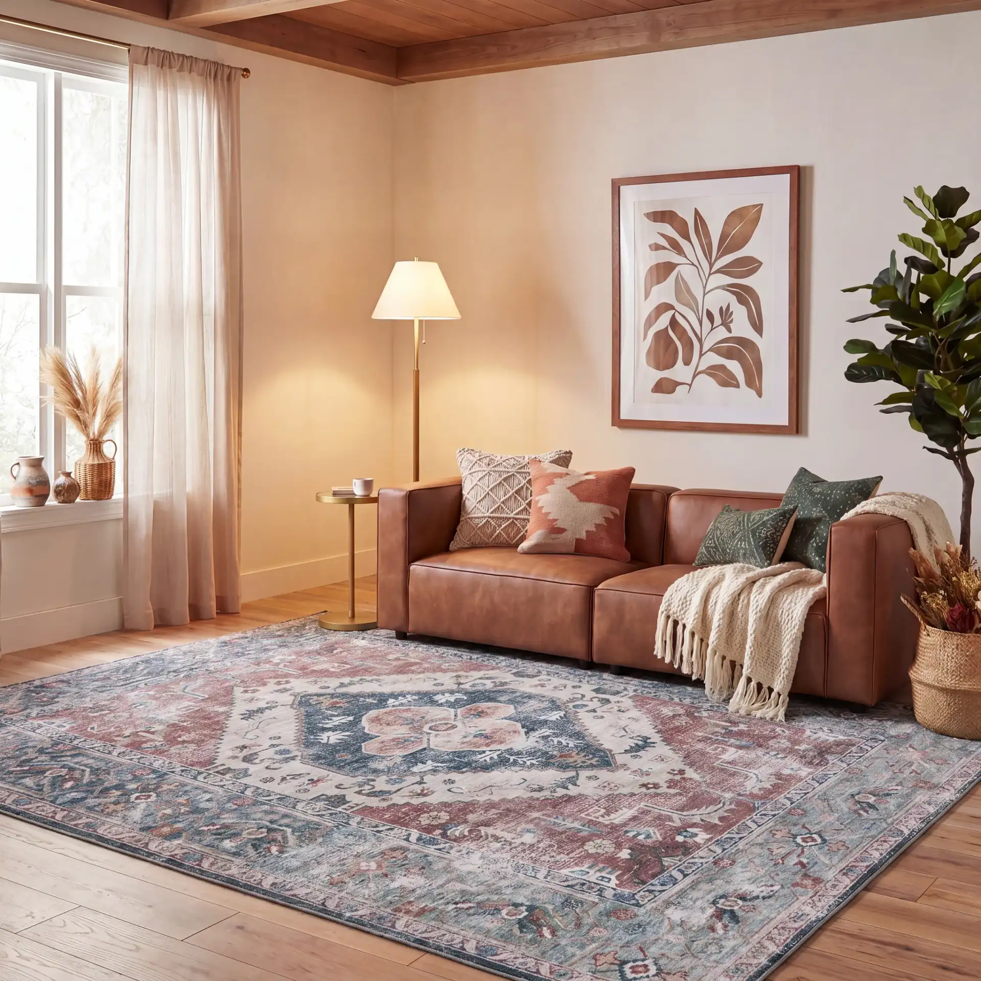 Tucson Nested Stepped Diamond Medallion Washable Rug in Rust / Navy in a styled room