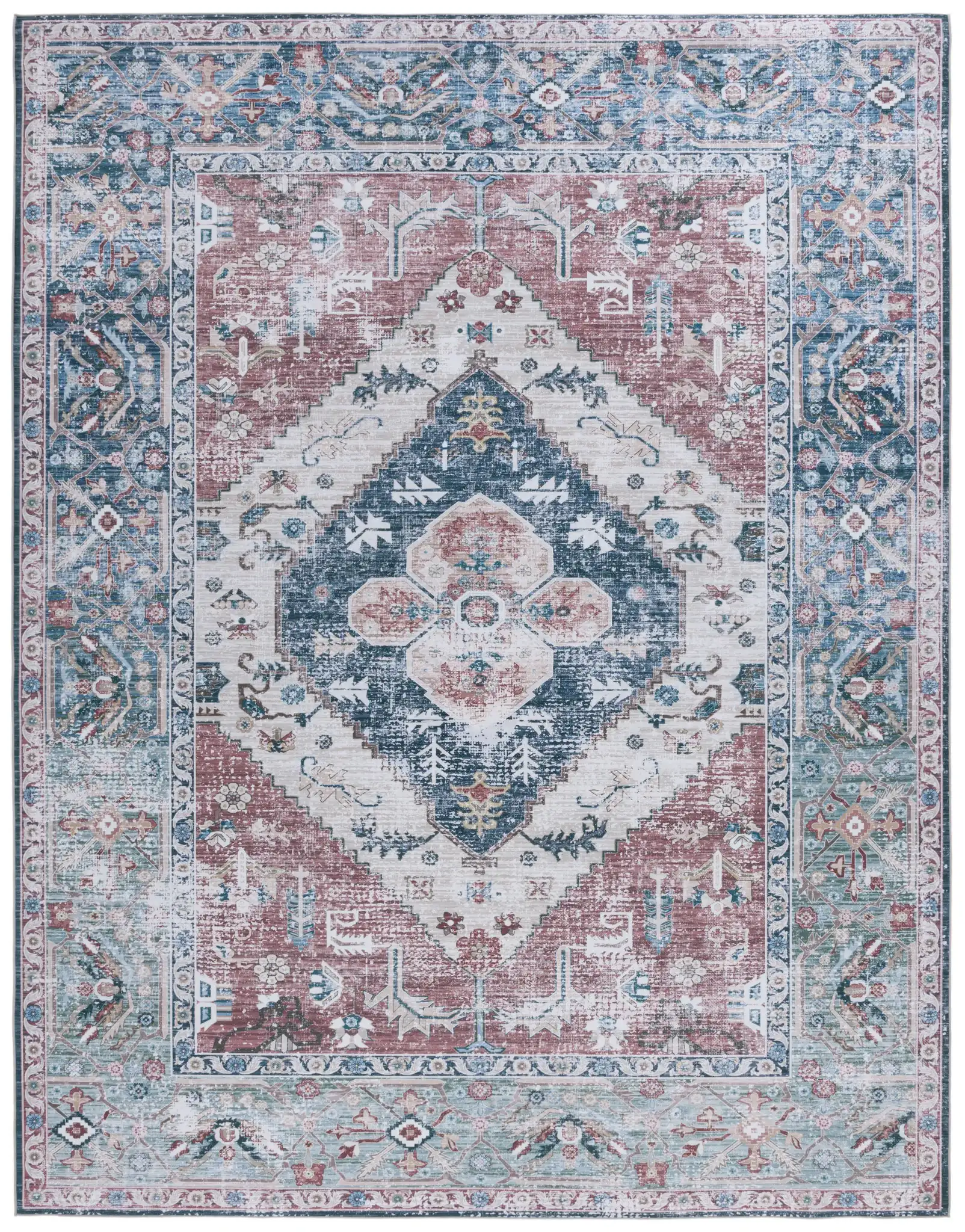 Tucson Nested Stepped Diamond Medallion Washable Rug in Rust / Navy