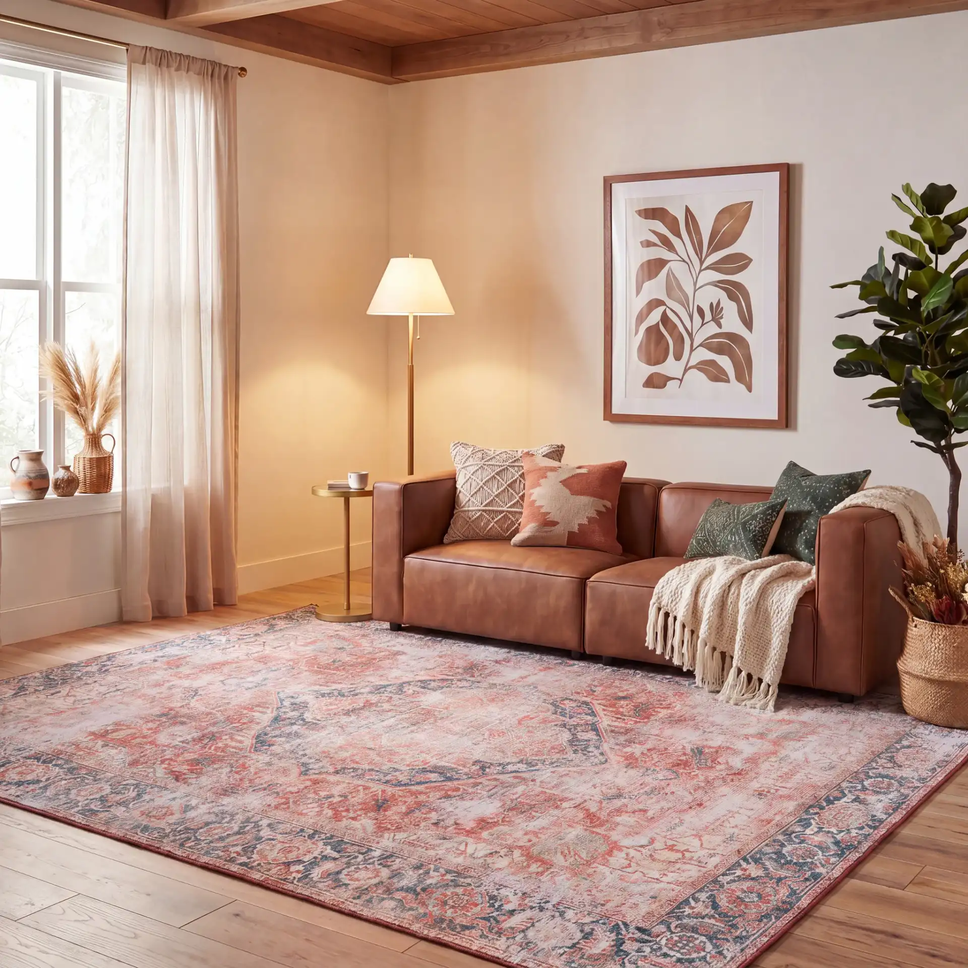 Tucson Distressed Hexagon Medallion Washable Rug in Rust / Navy in a styled room