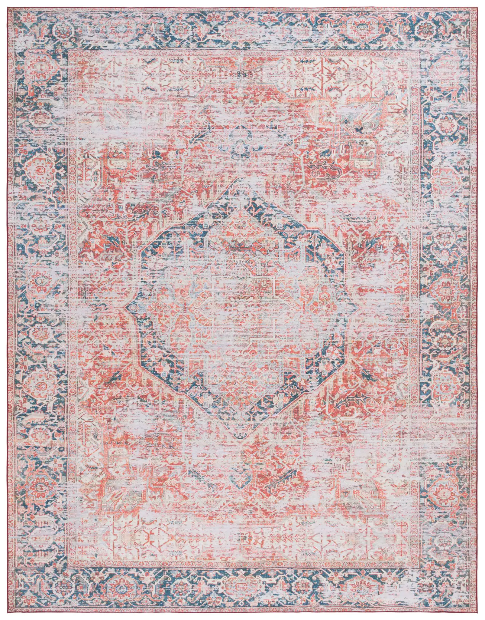 Tucson Distressed Hexagon Medallion Washable Rug in Rust / Navy