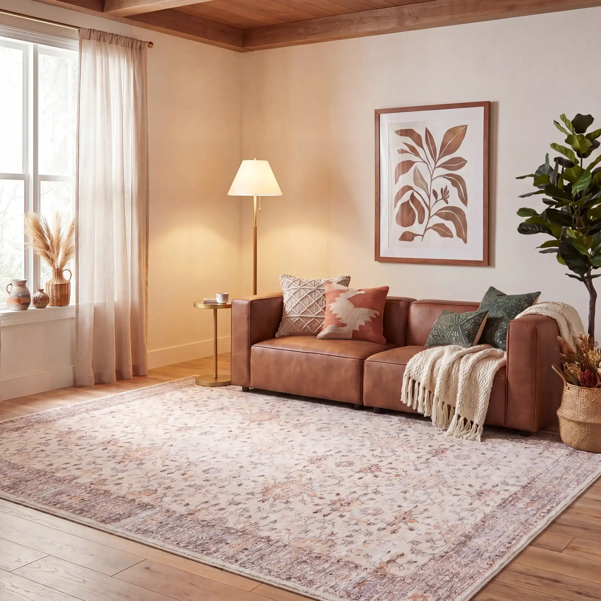 Tucson Faded Floral Washable Rug in Beige / Gold in a styled room