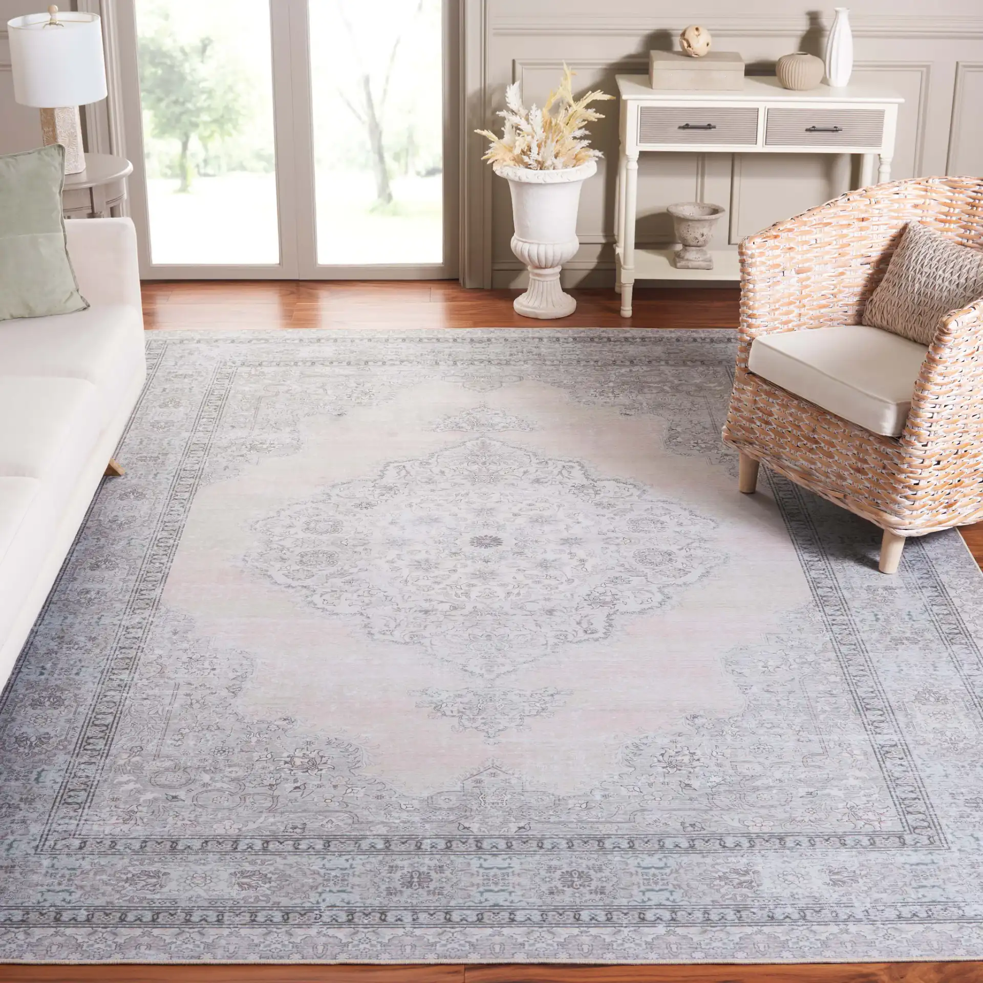 Tucson Open Field Rosette Medallion Washable Rug in Beige / Light Green in a styled room