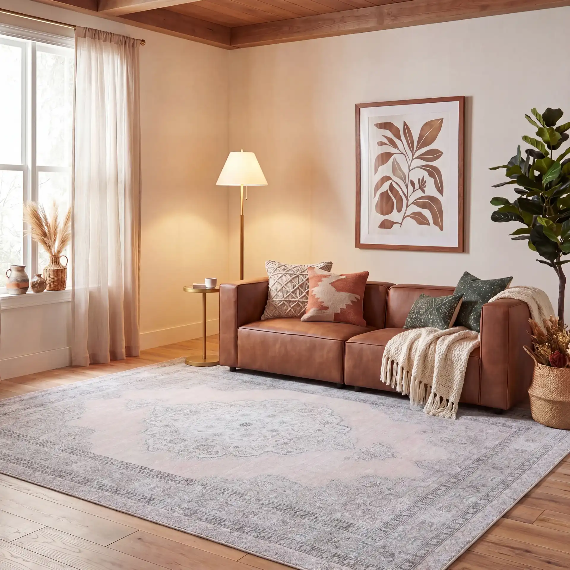 Tucson Open Field Rosette Medallion Washable Rug in Beige / Light Green in a styled room