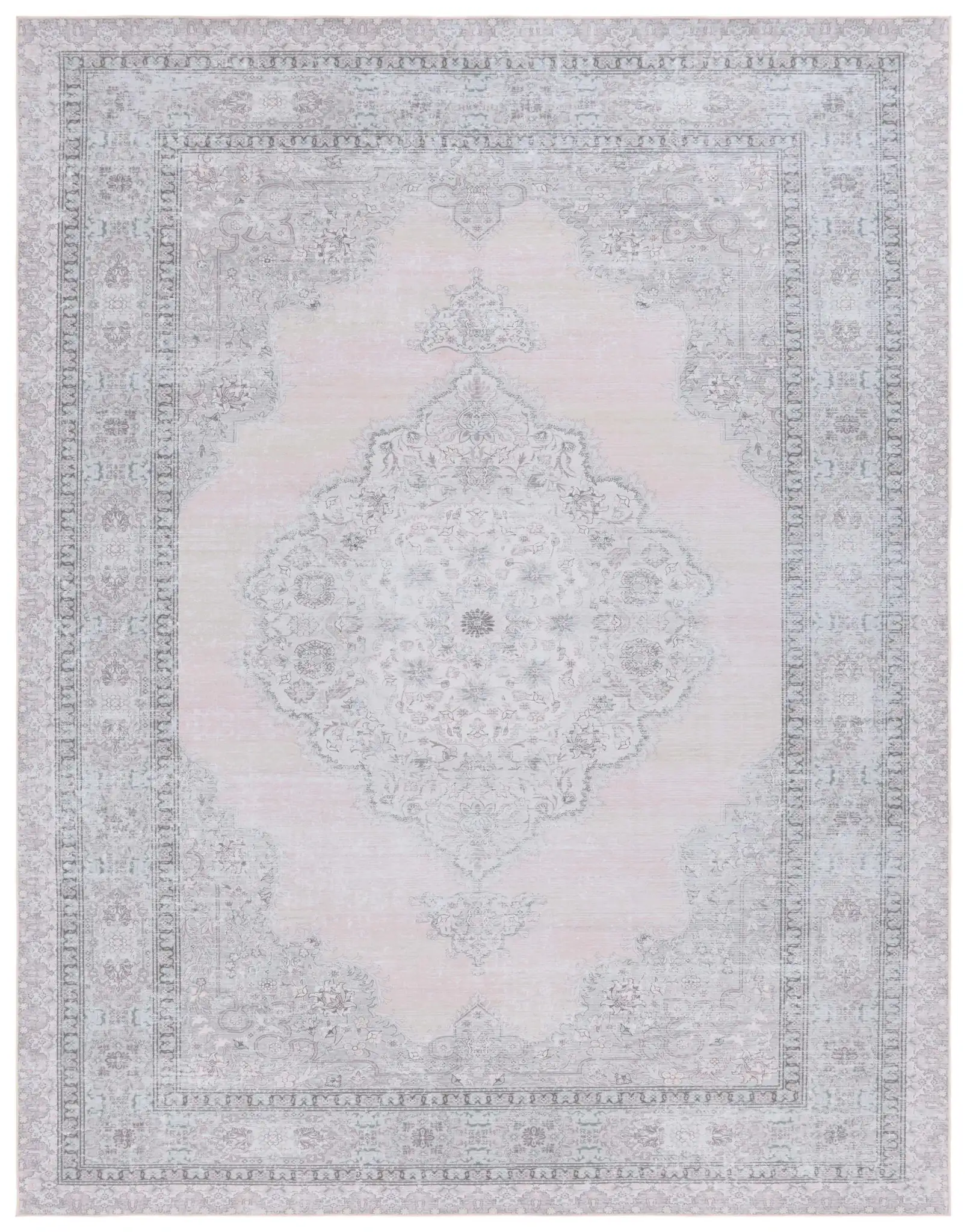 Tucson Open Field Rosette Medallion Washable Rug in Beige / Light Green
