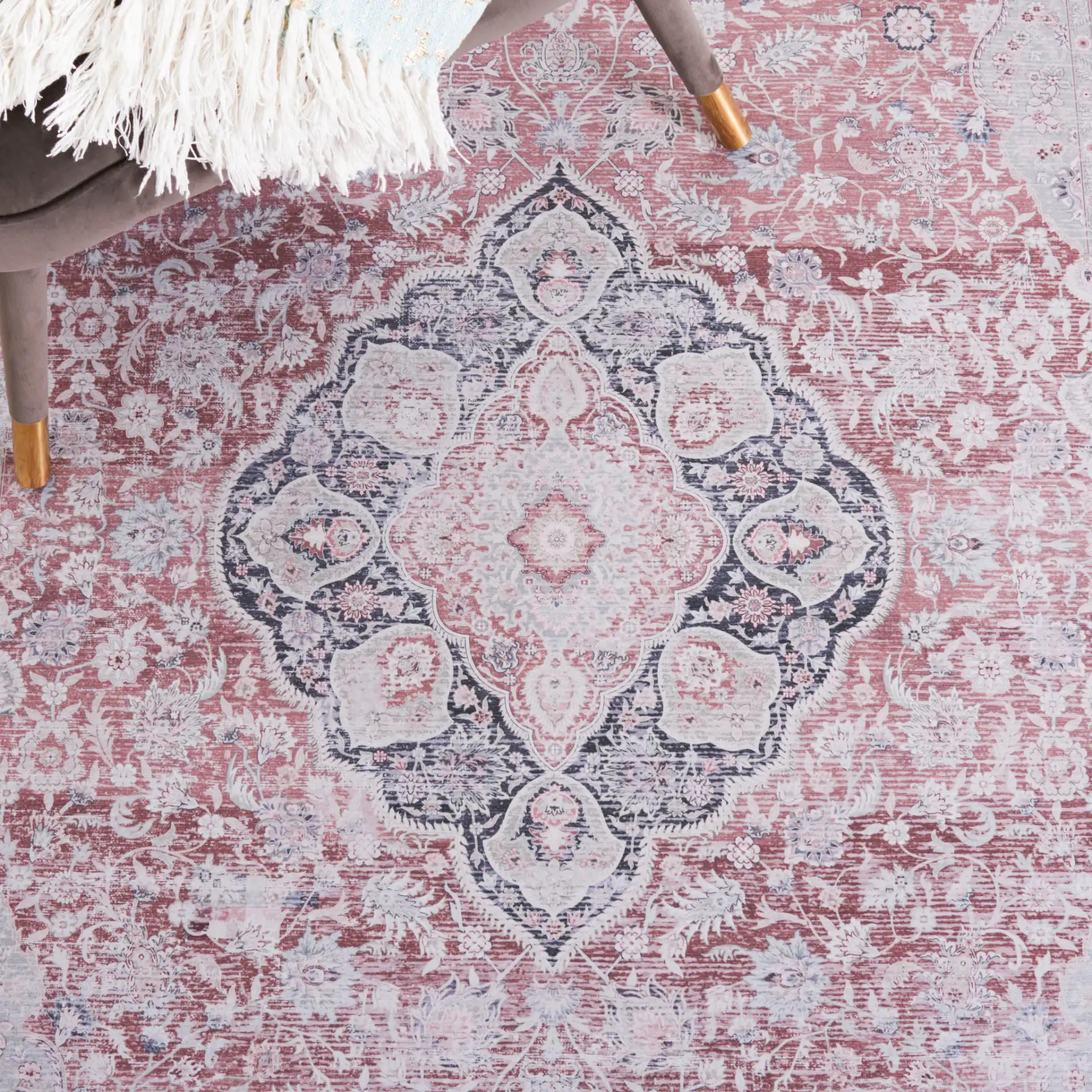 Tucson Persian Medallion Washable Rug in Rust / Sage in a styled room