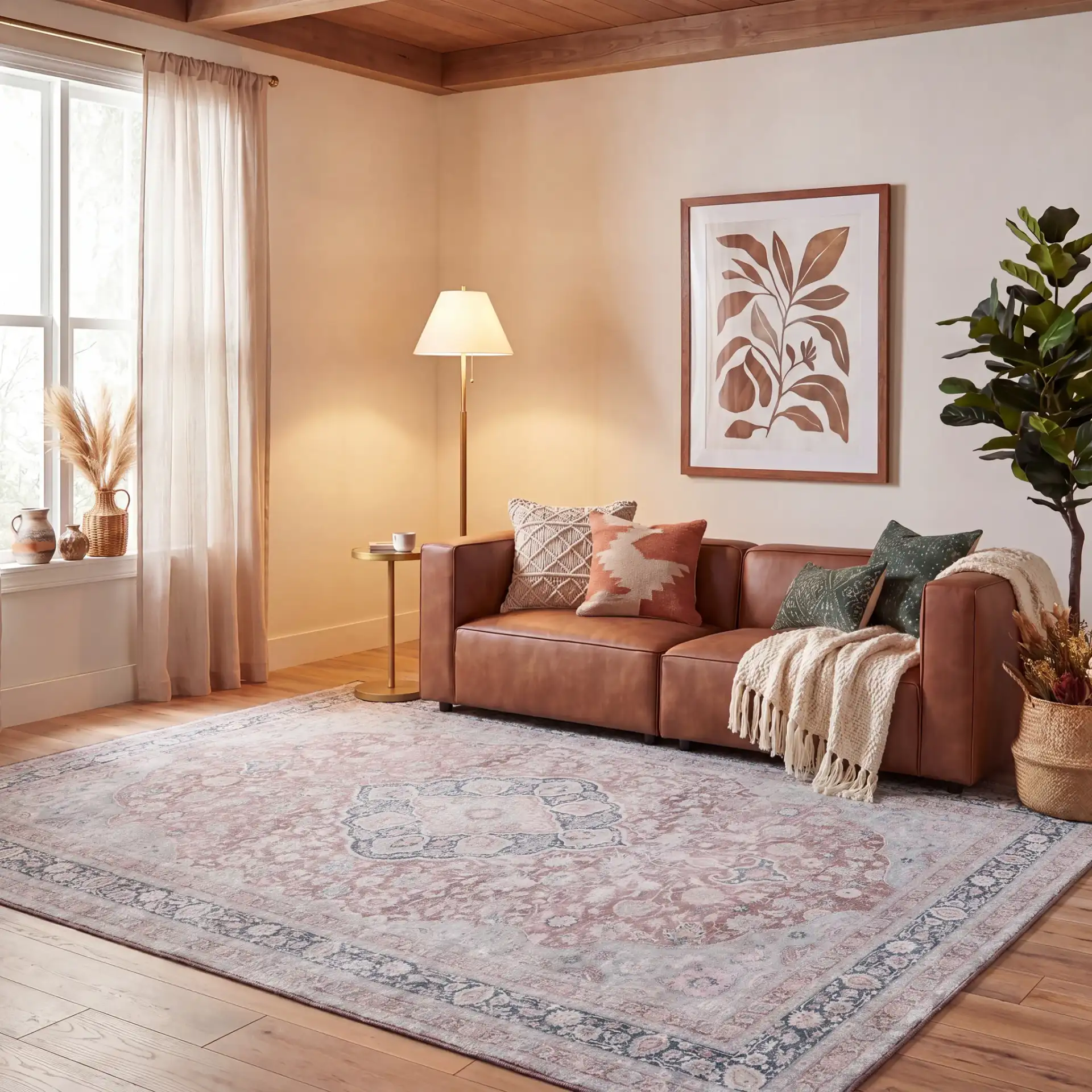Tucson Persian Medallion Washable Rug in Rust / Sage in a styled room