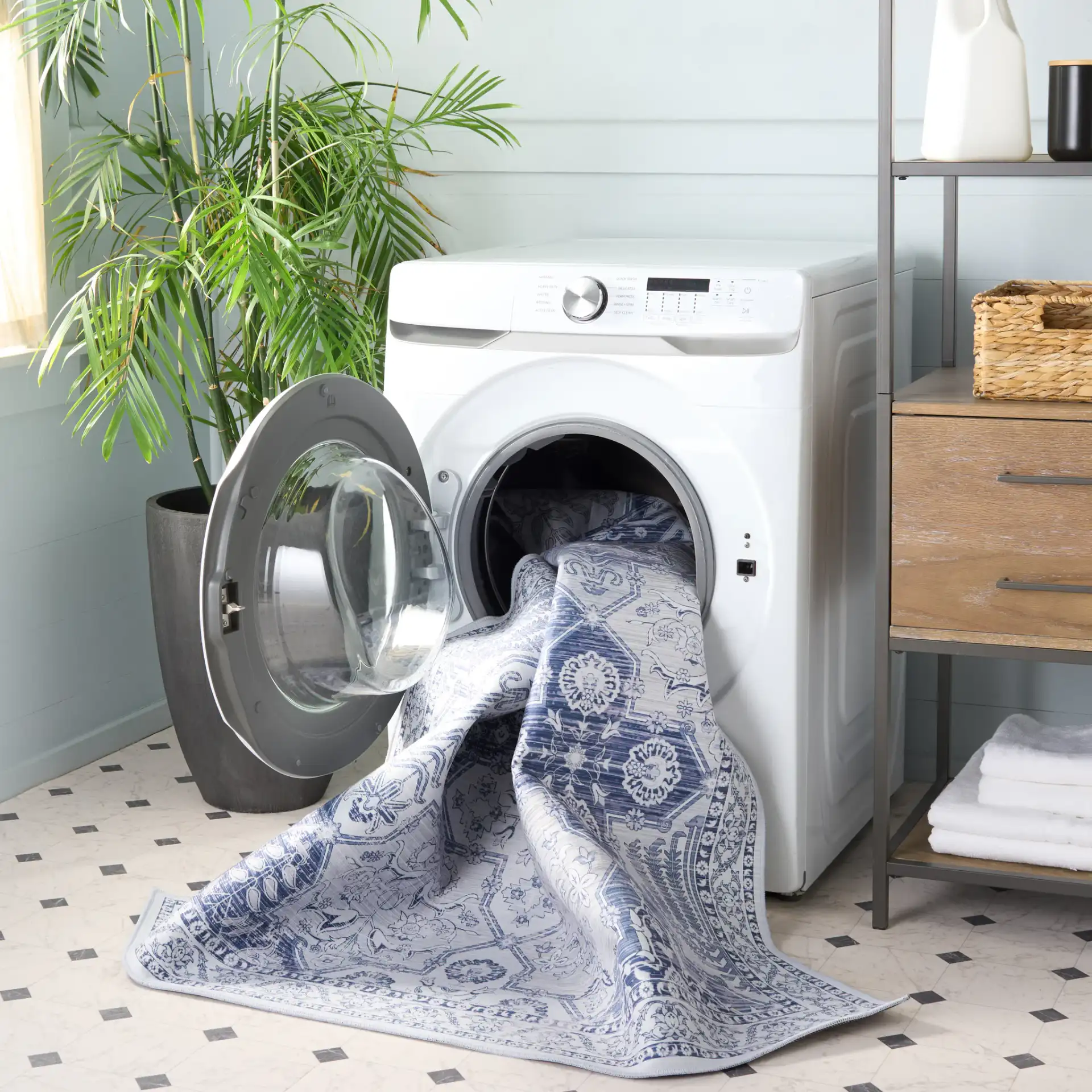 Tucson Patchwork Tile Washable Rug in Gray / Navy in a styled room