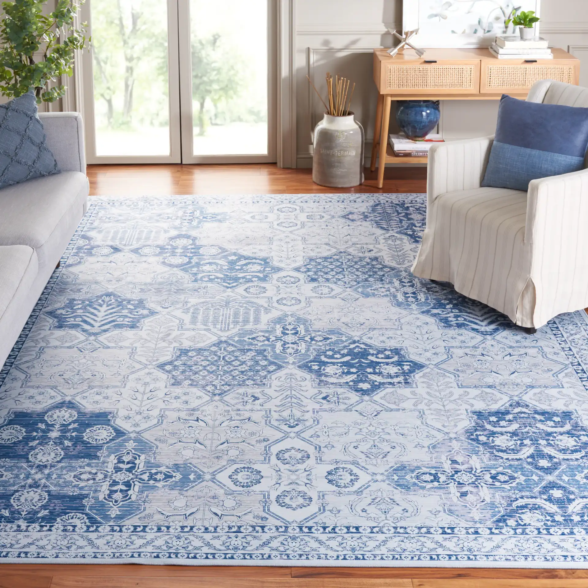 Tucson Patchwork Tile Washable Rug in Gray / Navy in a styled room
