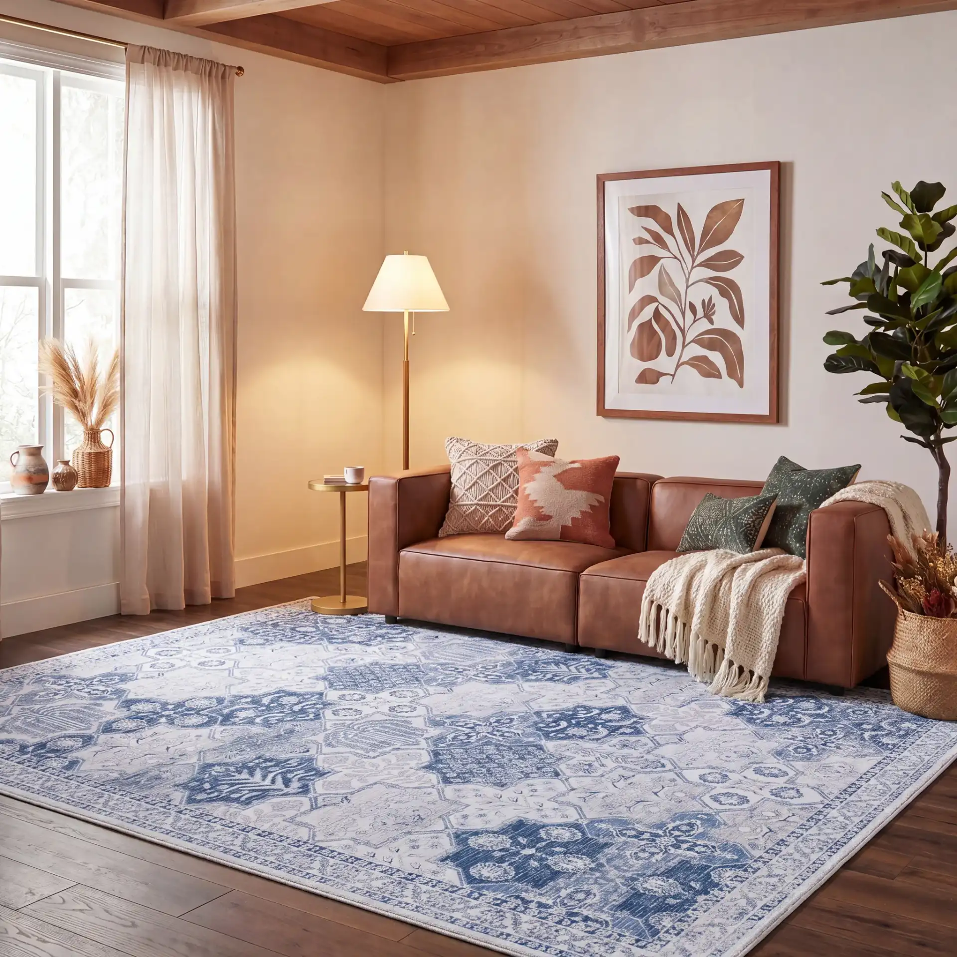 Tucson Patchwork Tile Washable Rug in Gray / Navy in a styled room