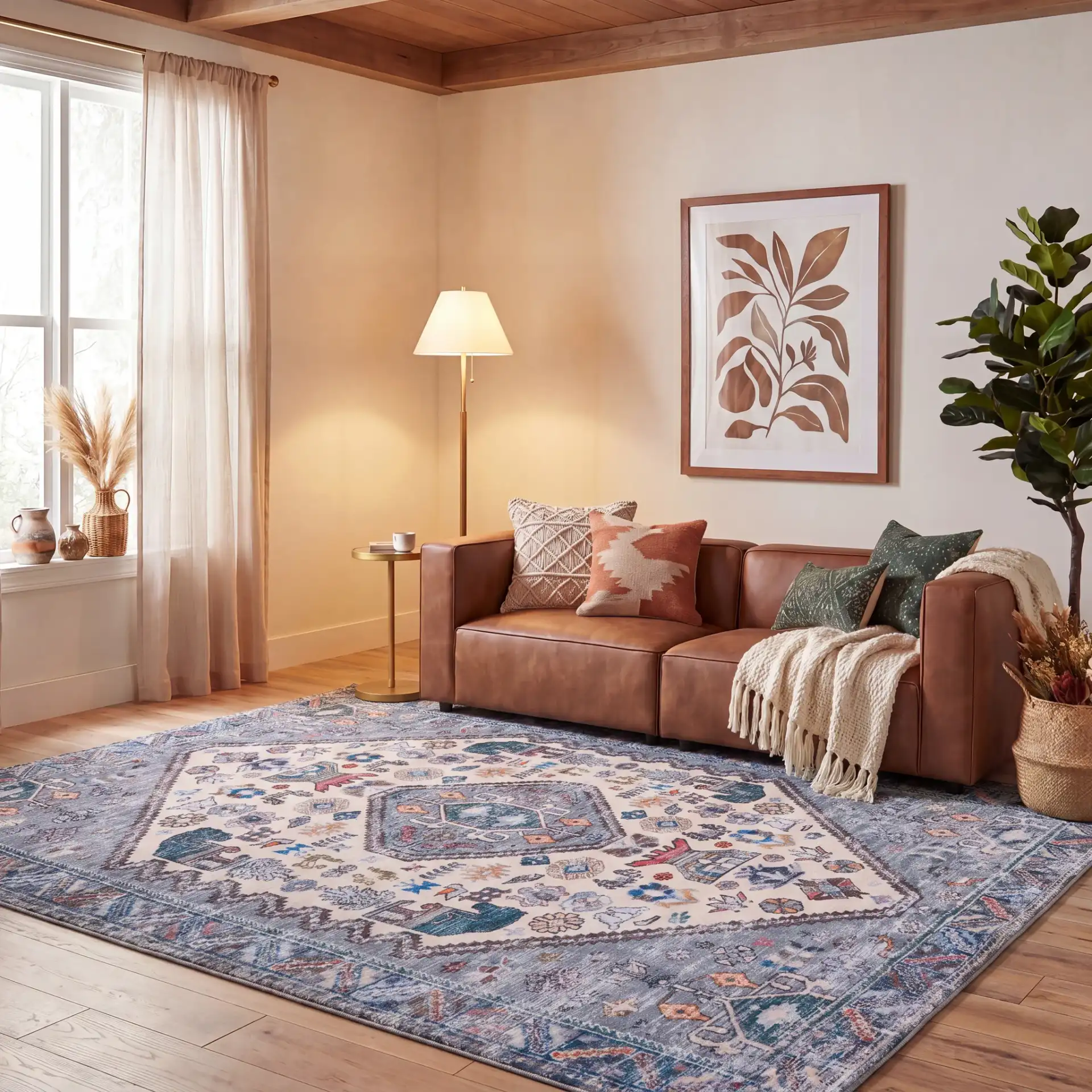 Tucson Tribal Medallion Washable Rug in Beige / Gray in a styled room
