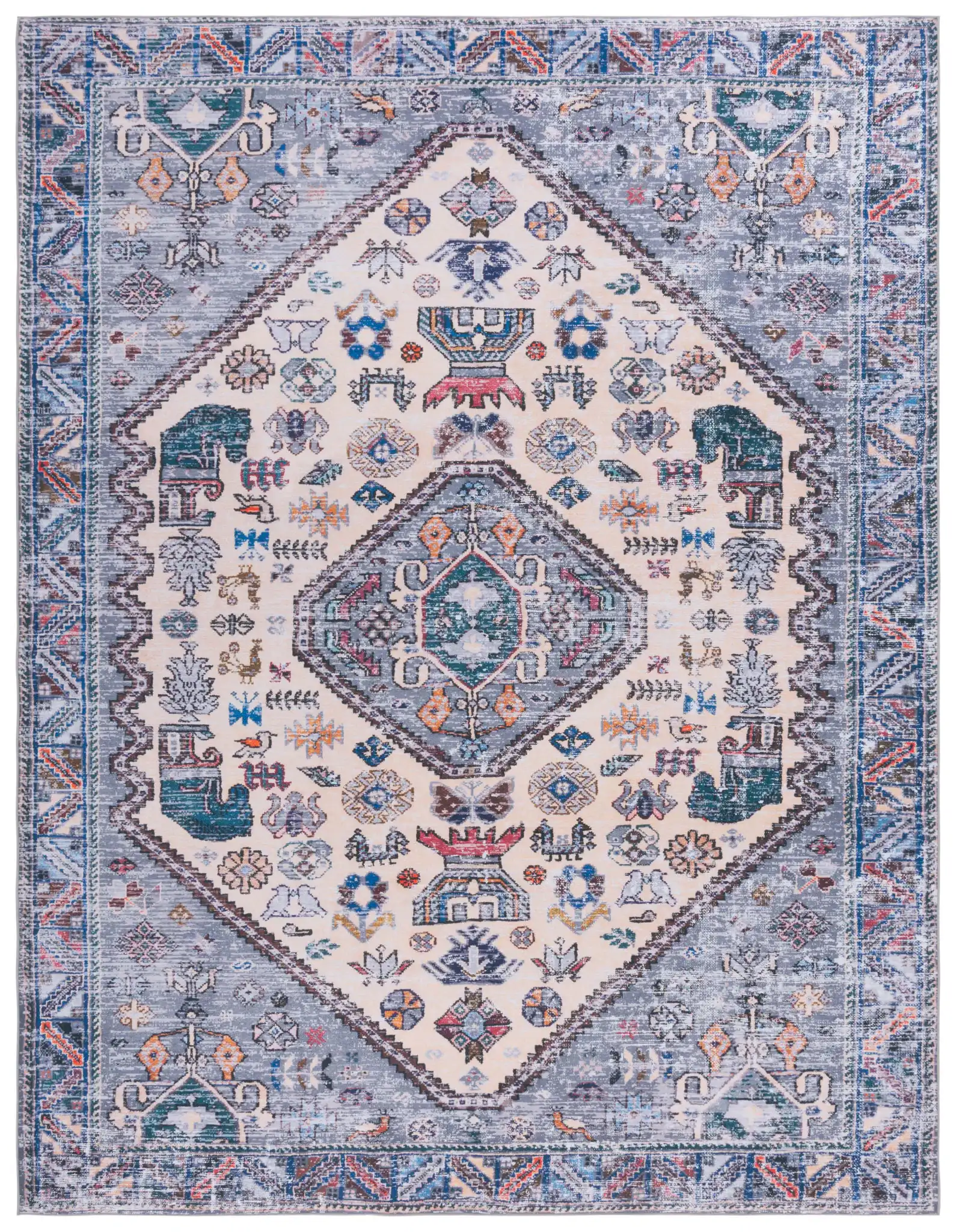 Tucson Tribal Medallion Washable Rug in Beige / Gray