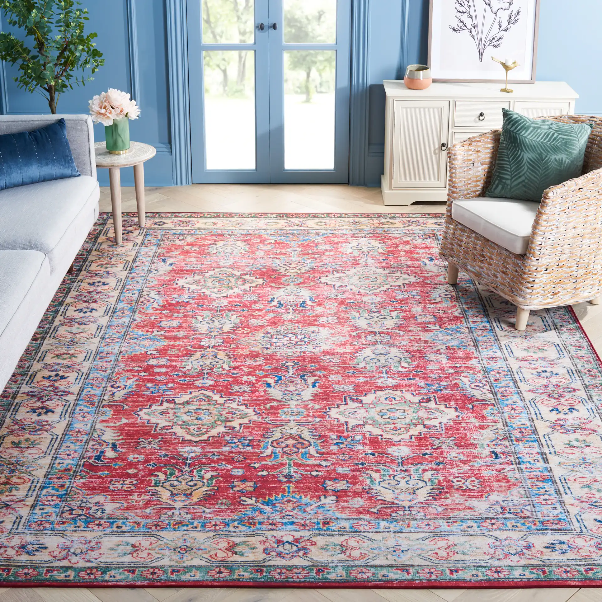 Tucson Medallion Bordered Washable Rug in Rust / Beige in a styled room