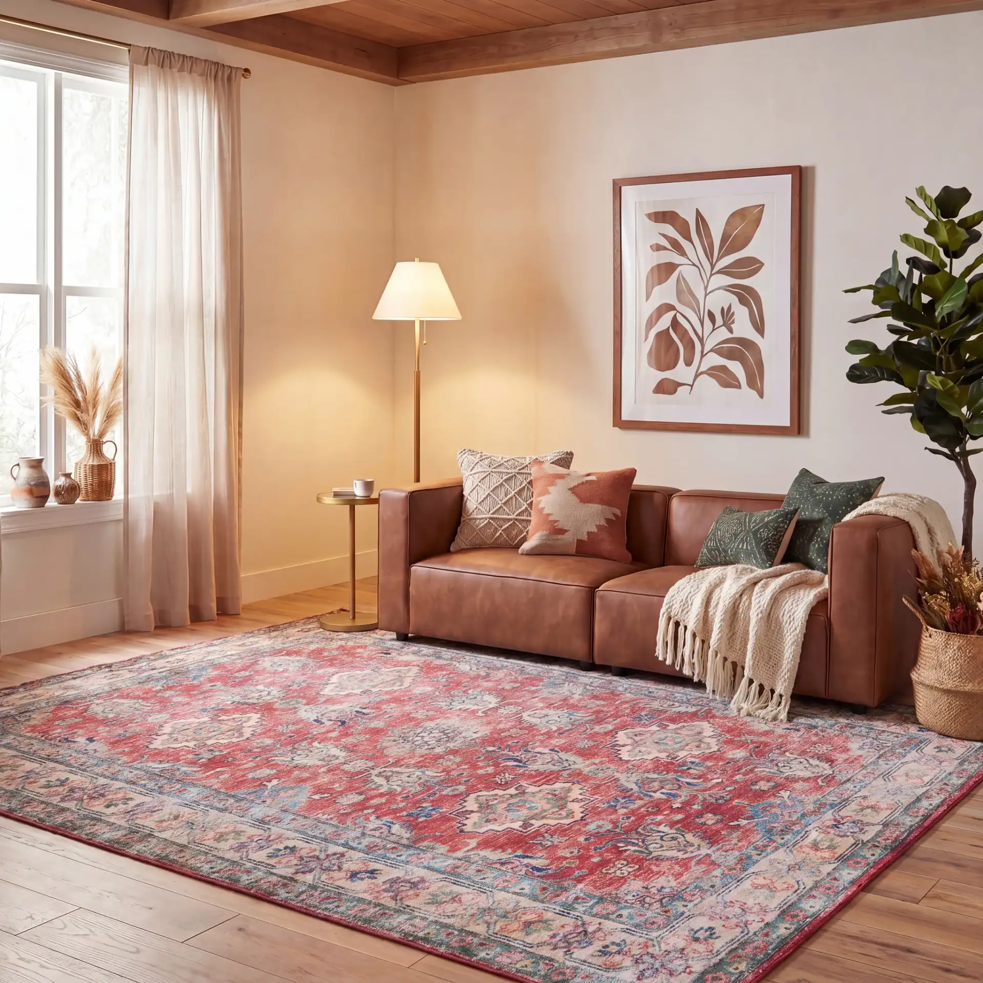 Tucson Medallion Bordered Washable Rug in Rust / Beige in a styled room