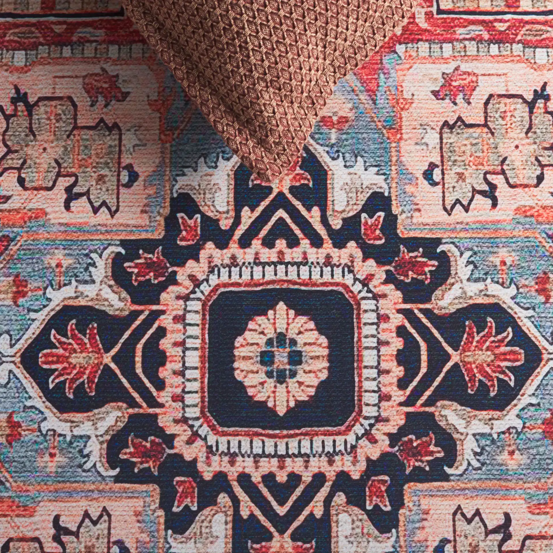 Tucson Square Medallion Washable Rug in Beige / Rust in a styled room
