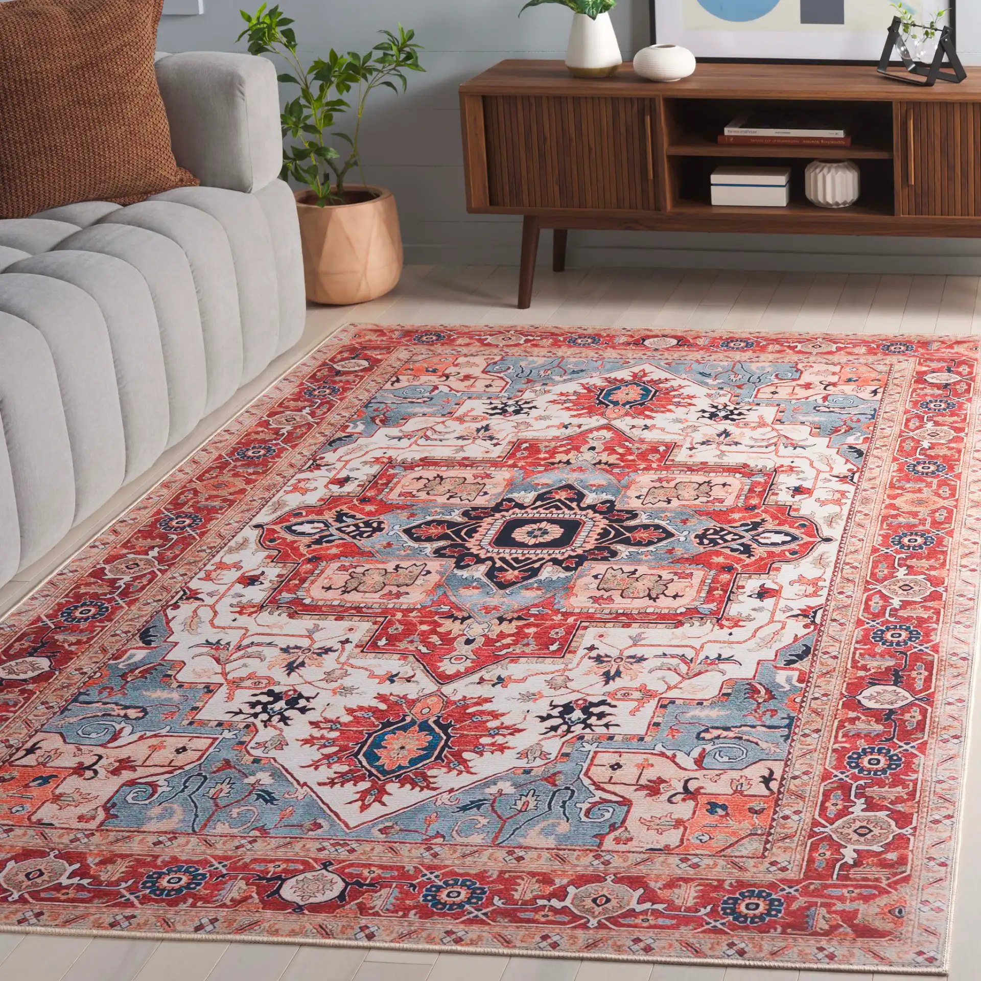 Tucson Square Medallion Washable Rug in Beige / Rust in a styled room