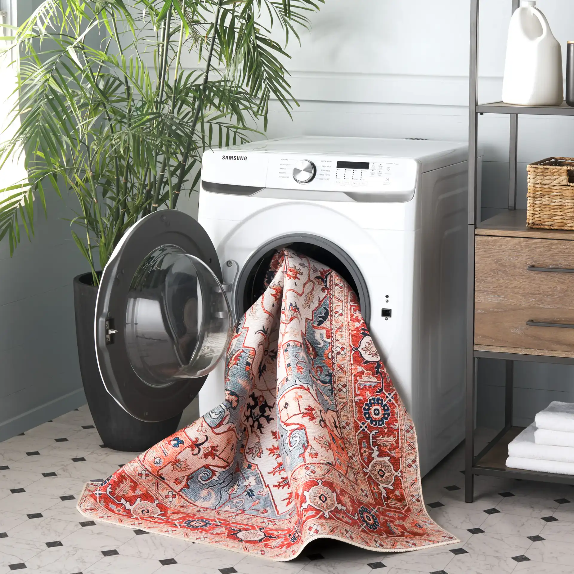 Tucson Square Medallion Washable Rug in Beige / Rust in a styled room