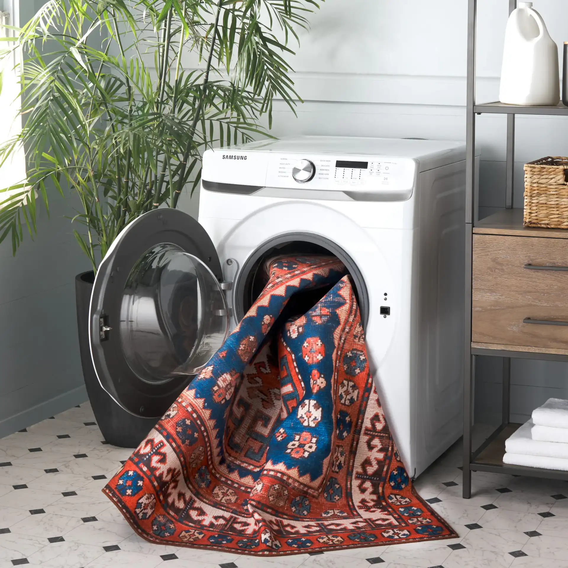 Tucson Southwestern Octagon Medallion Washable Rug in Navy / Rust in a styled room
